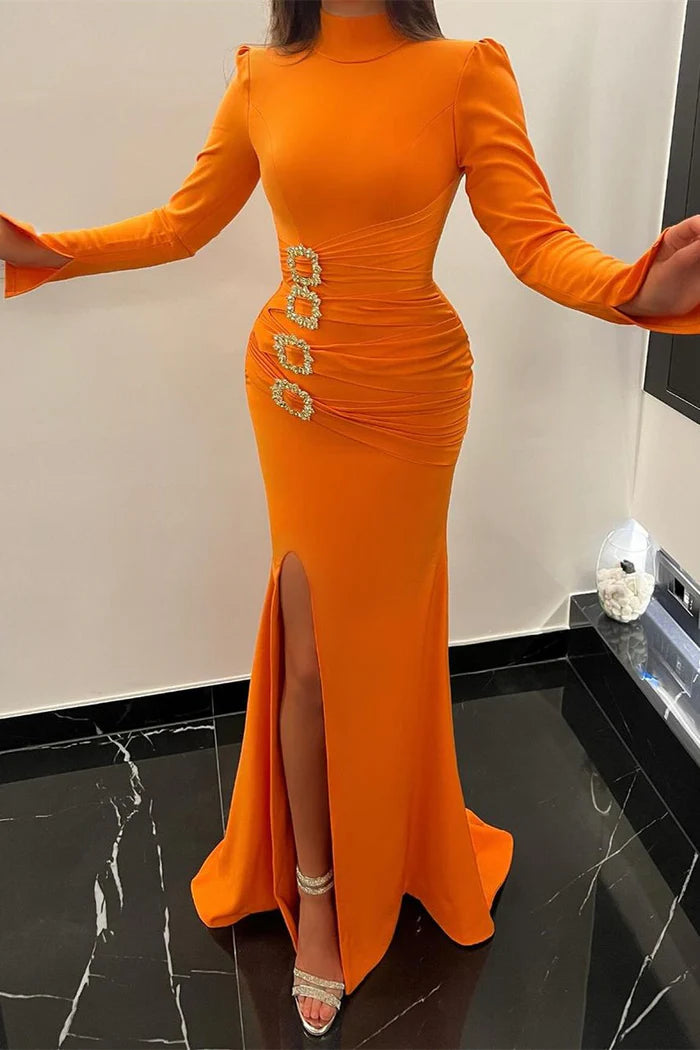 ﻿Beautiful Long Orange Mermaid Dress With High Neck Satin Fabric Long Sleeves And Side Slit Simple gentle atmospheric and unique design