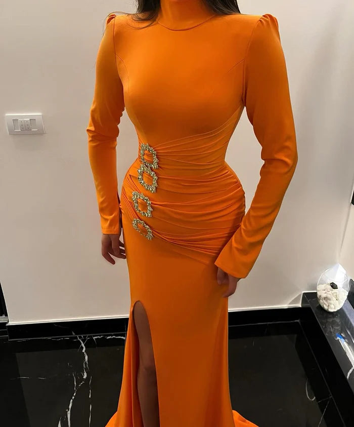 ﻿Beautiful Long Orange Mermaid Dress With High Neck Satin Fabric Long Sleeves And Side Slit Simple gentle atmospheric and unique design
