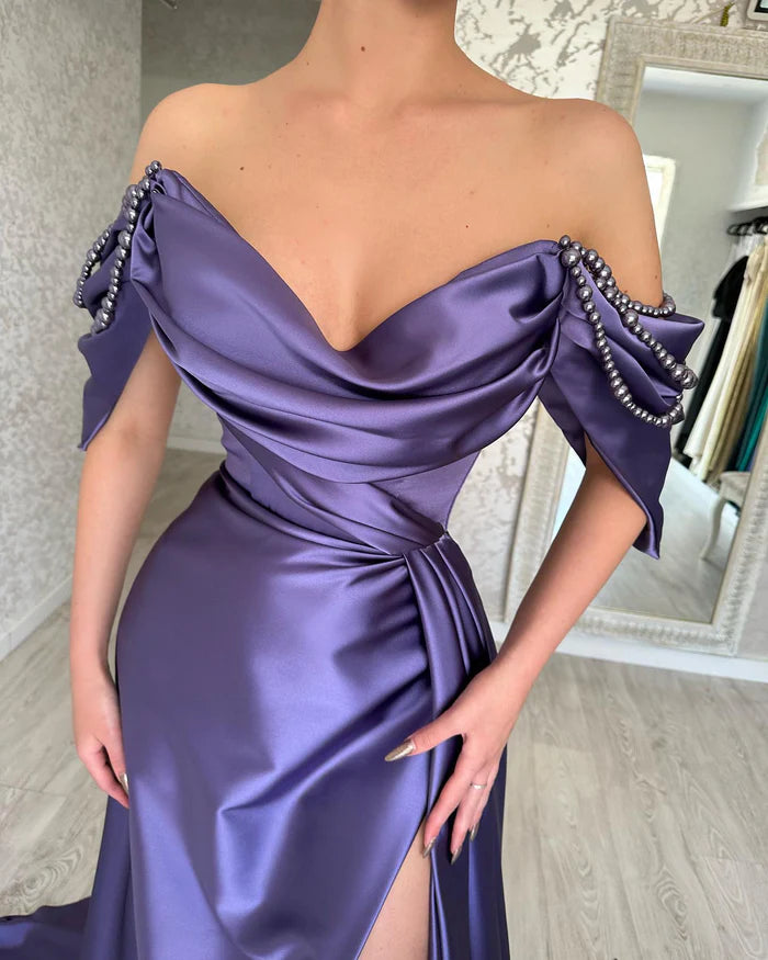 Beautiful Long Purple A-line Prom Dress with Off-the-shoulder Sleeveless Design and High Slit Simple gentle atmospheric and unique design