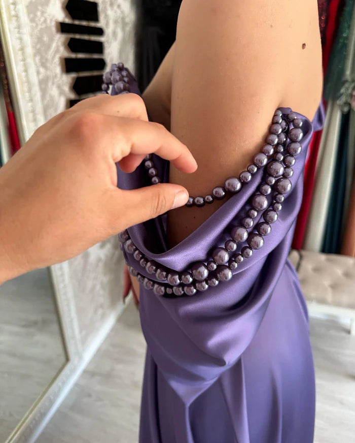 Beautiful Long Purple A-line Prom Dress with Off-the-shoulder Sleeveless Design and High Slit Simple gentle atmospheric and unique design