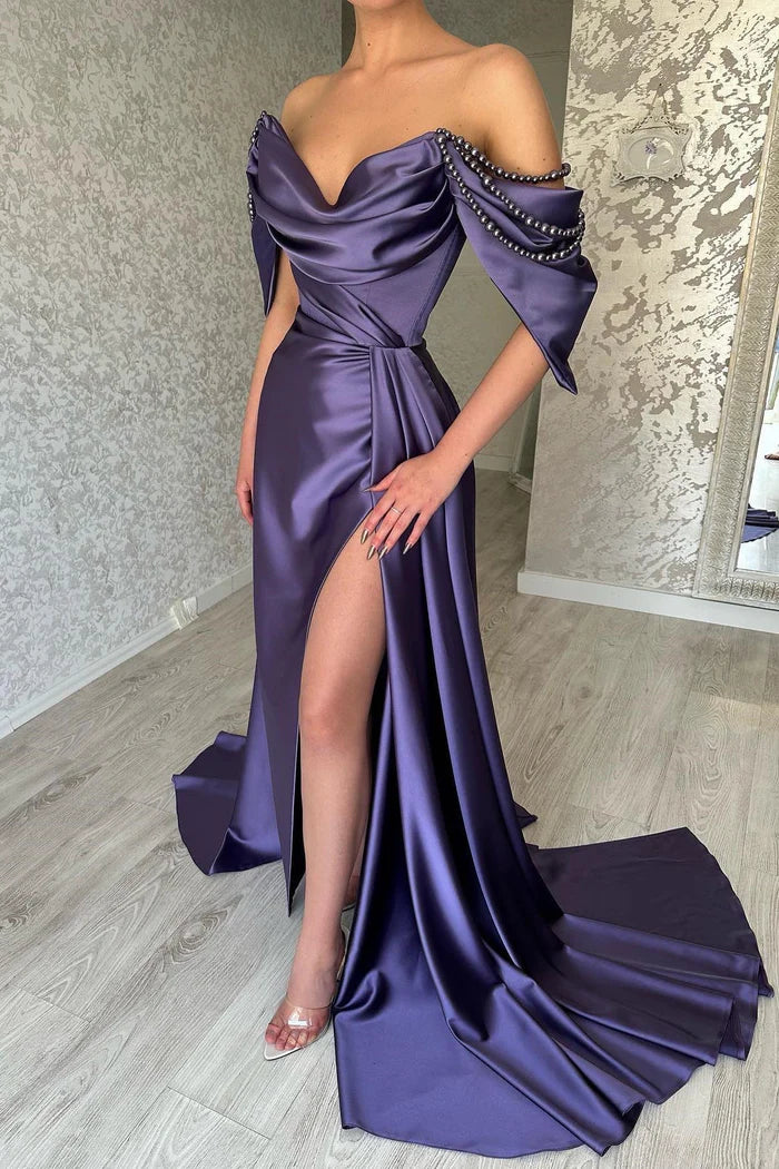 Beautiful Long Purple A-line Prom Dress with Off-the-shoulder Sleeveless Design and High Slit Simple gentle atmospheric and unique design