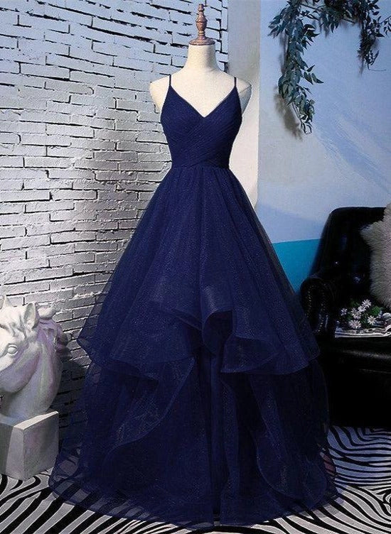 Beautiful Navy Blue Tulle Straps Long Party Dress Princess Formal Gown simple gentle atmospheric and unique desi Bring summer colors to enhance whiteness