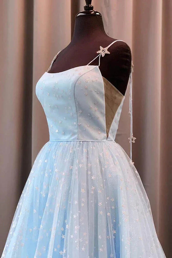 Beautiful Sky Blue Tulle Star A-line Long Prom Dress Formal Dresses maxi dresses simple gentle atmospheric and unique desi Bring summer colors to enhance whiteness