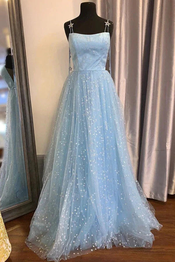 Beautiful Sky Blue Tulle Star A-line Long Prom Dress Formal Dresses maxi dresses simple gentle atmospheric and unique desi Bring summer colors to enhance whiteness