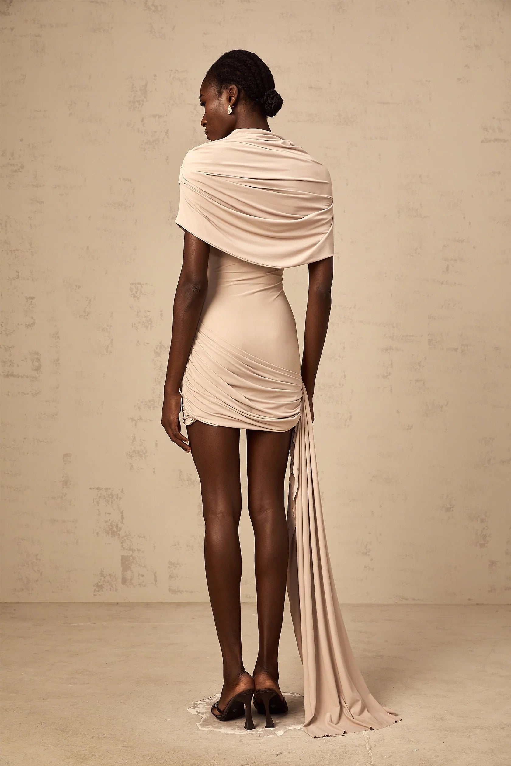 Beige Draped Mini Dress with Train Detail neutrals cape-design ruched fitted mini dress Evening Dress