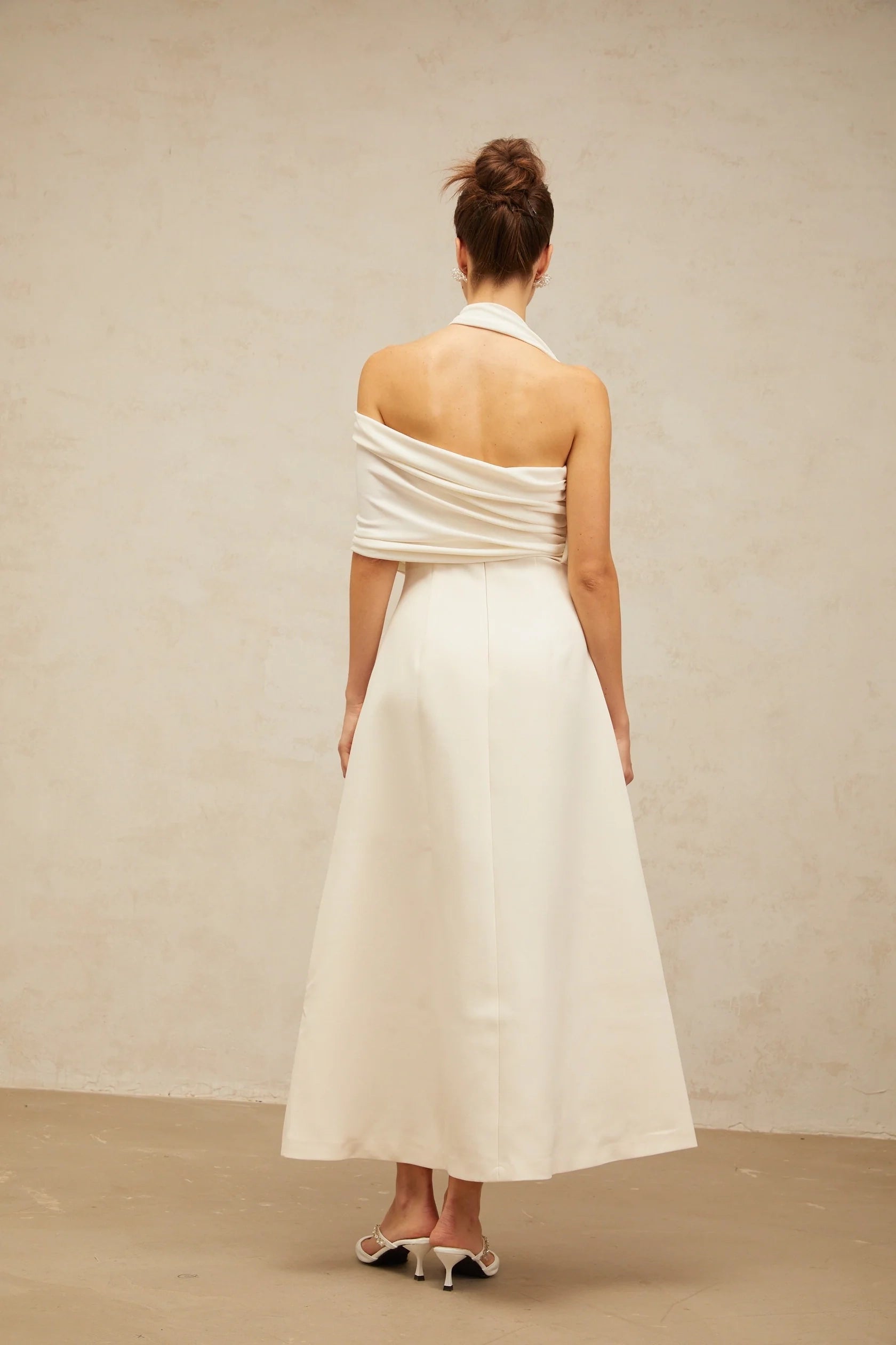 Beige Draped Mini Dress with Train Detail cream-white asymmetrical midi dress Evening Dress