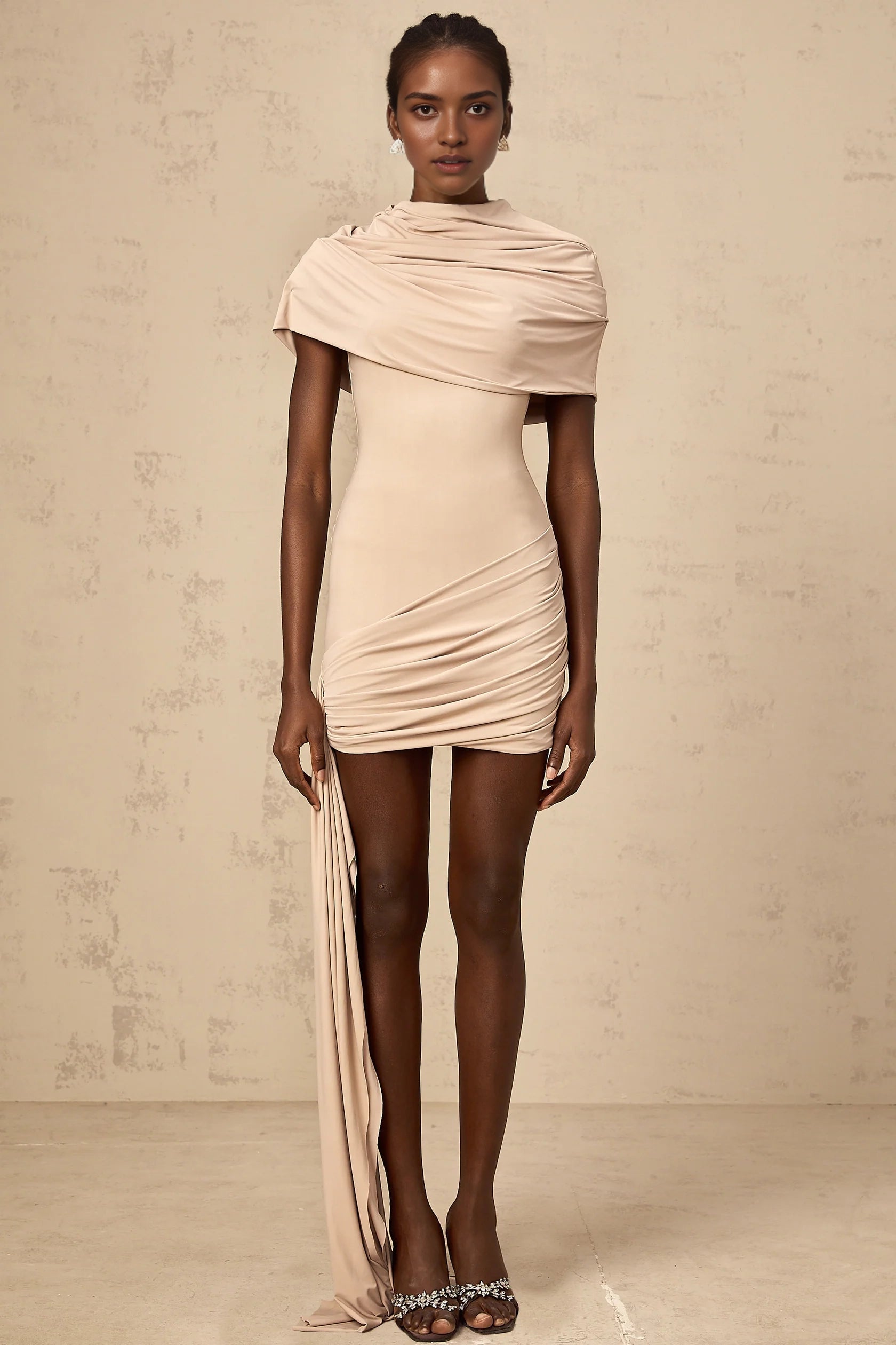 Beige Draped Mini Dress with Train Detail neutrals cape-design ruched fitted mini dress Evening Dress