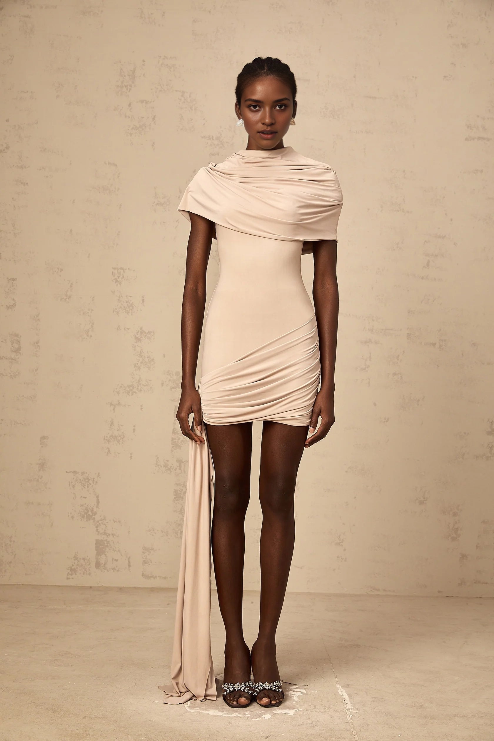 Beige Draped Mini Dress with Train Detail neutrals cape-design ruched fitted mini dress Evening Dress