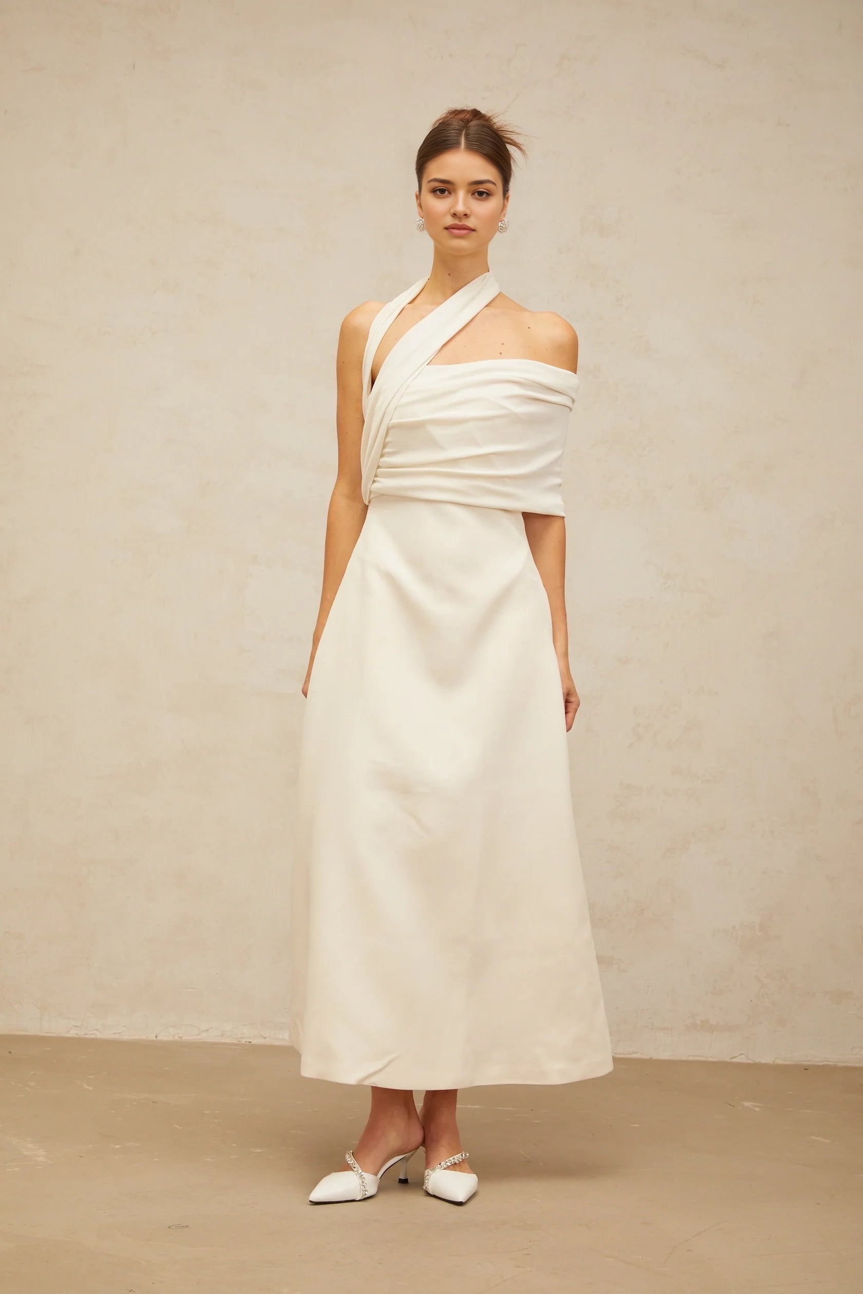 Beige Draped Mini Dress with Train Detail cream-white asymmetrical midi dress Evening Dress