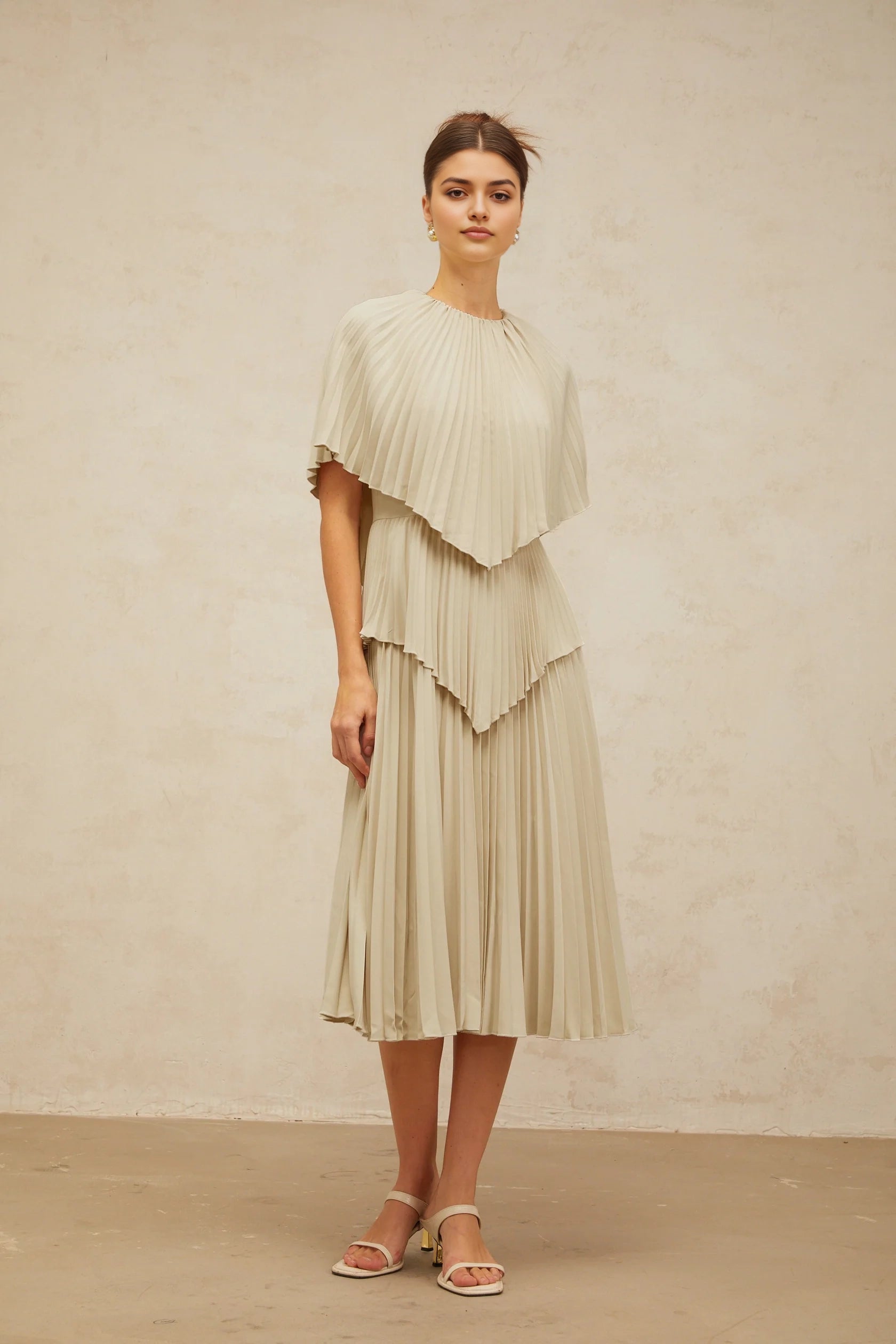 Beige Pleated Layered Midi Dress with Cape - like Top neutrals cape pleated midi dress Evening Dress