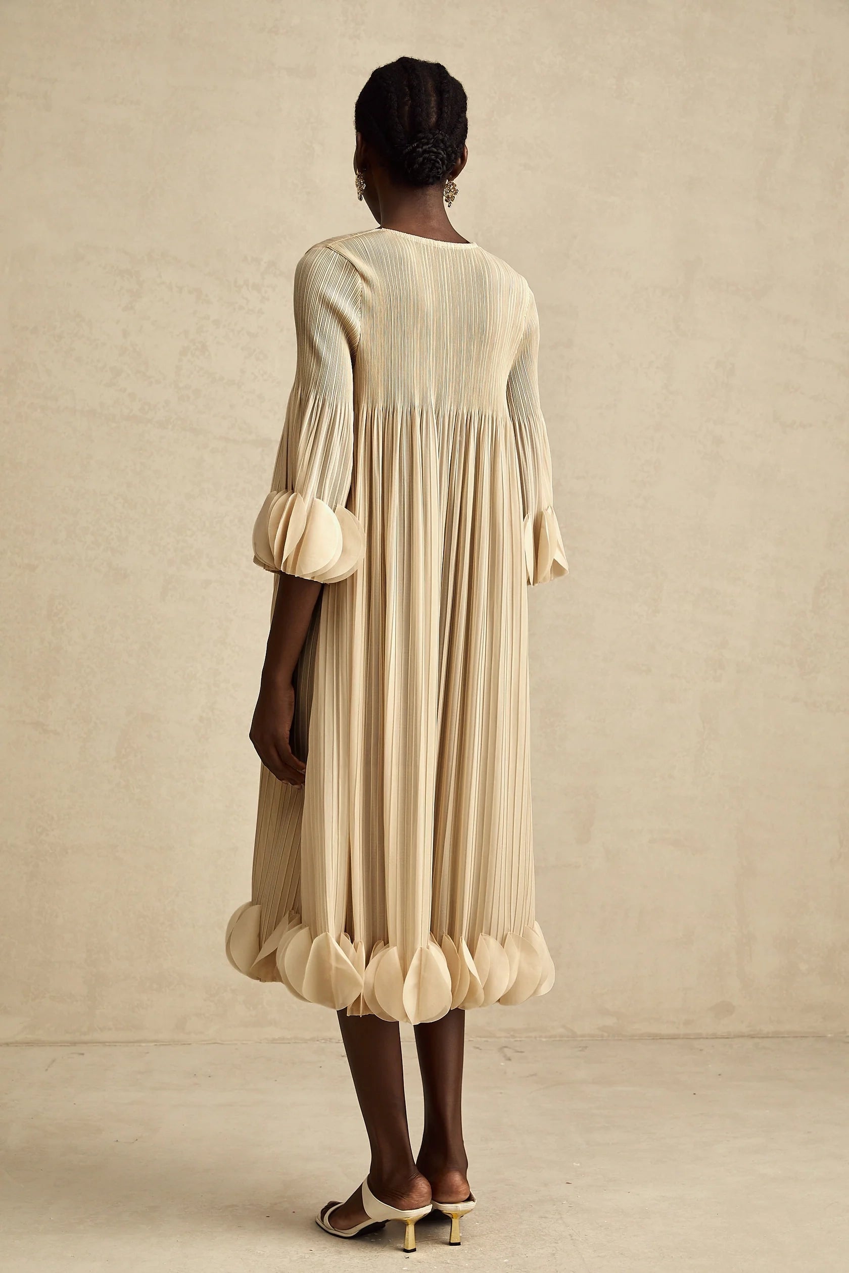Beige Pleated Petal - Detail Midi Dress 3d-petal pleated midi dress Evening Dress