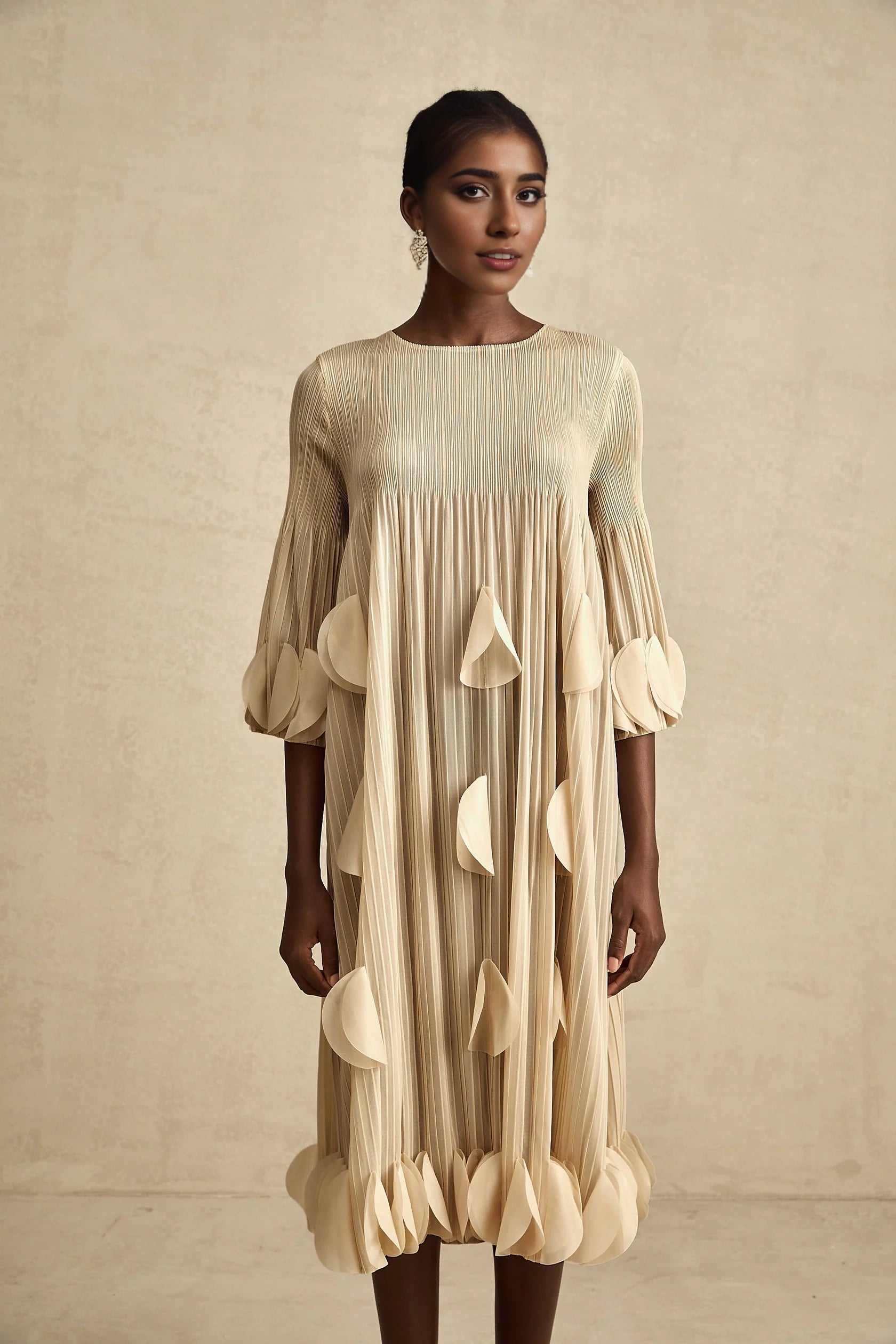 Beige Pleated Petal - Detail Midi Dress 3d-petal pleated midi dress Evening Dress