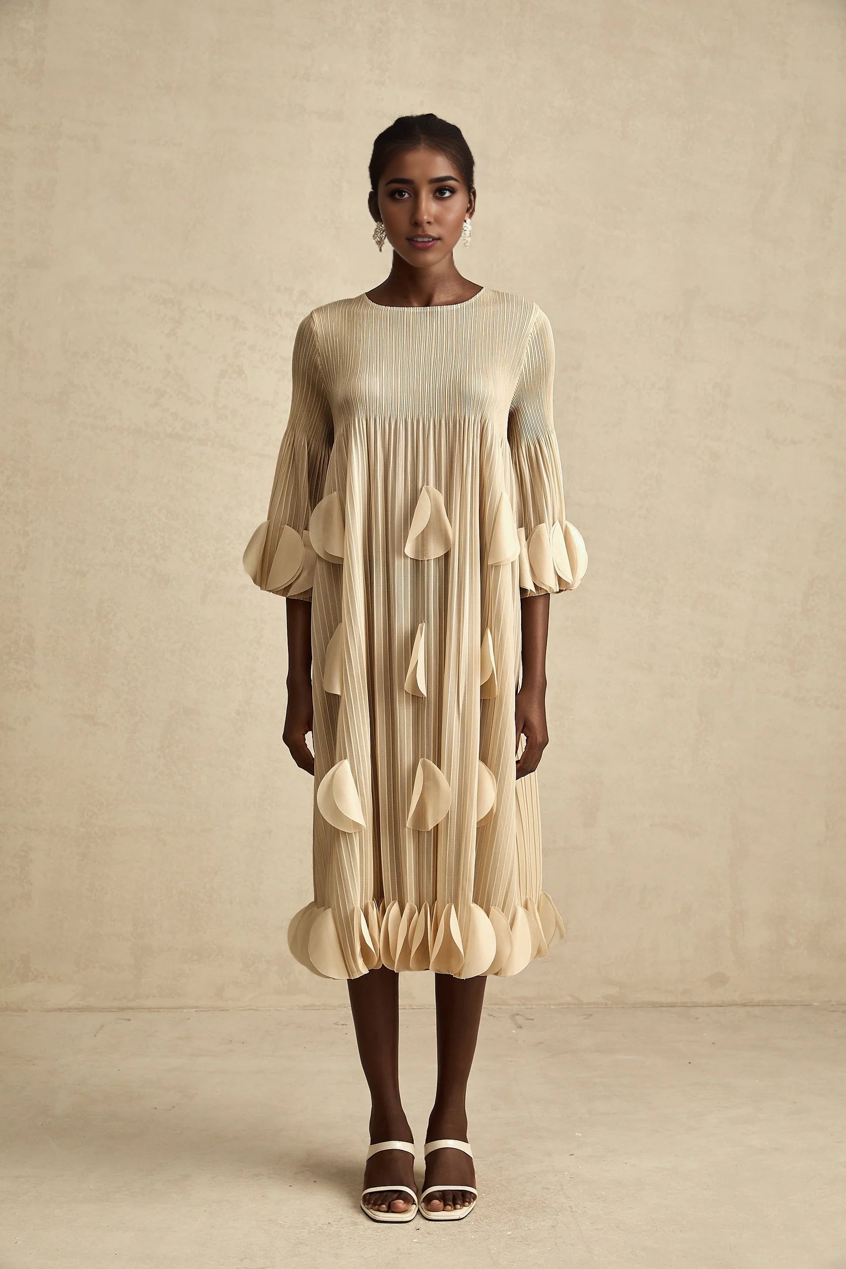 Beige Pleated Petal - Detail Midi Dress 3d-petal pleated midi dress Evening Dress