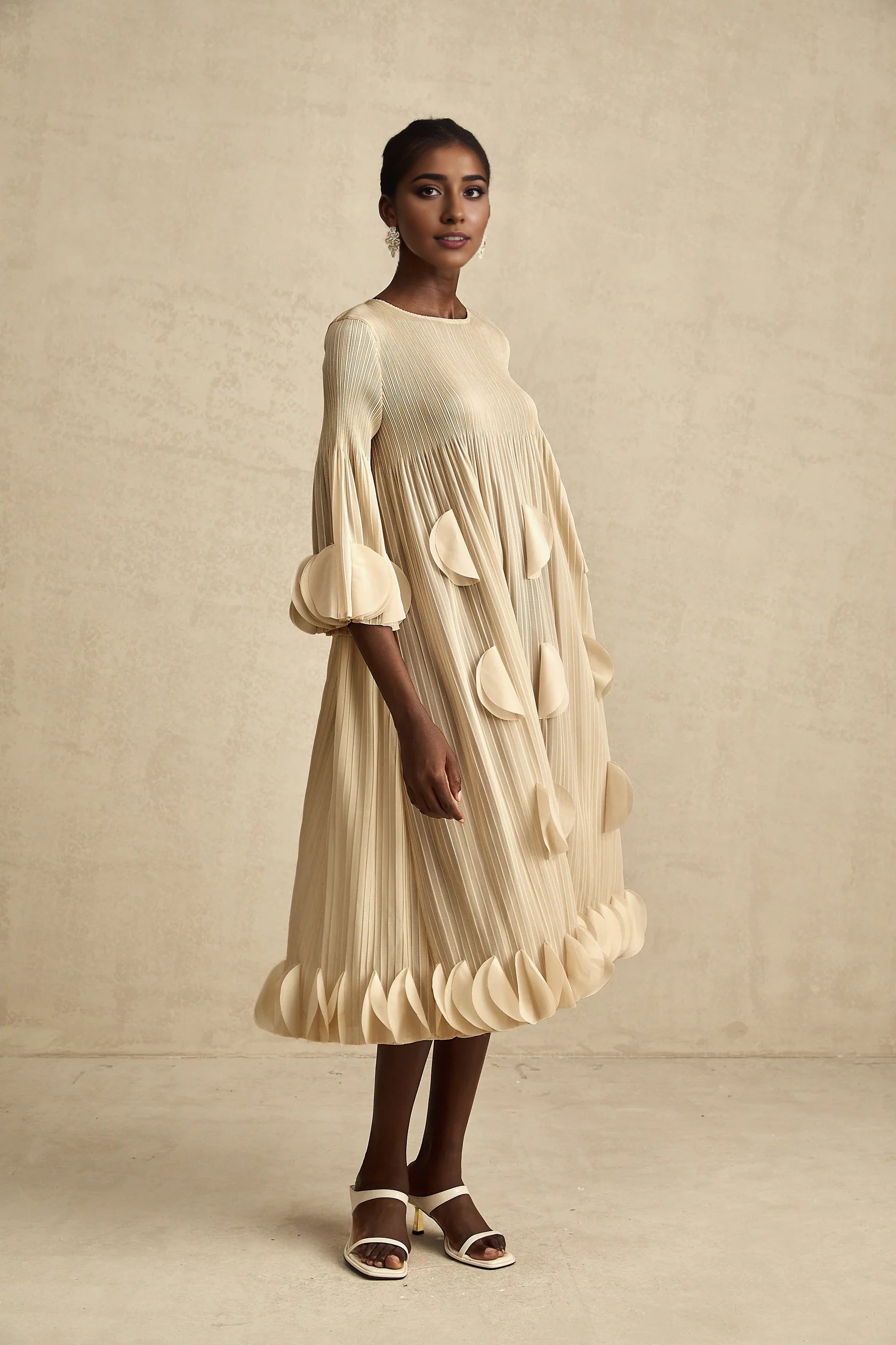 Beige Pleated Petal - Detail Midi Dress 3d-petal pleated midi dress Evening Dress