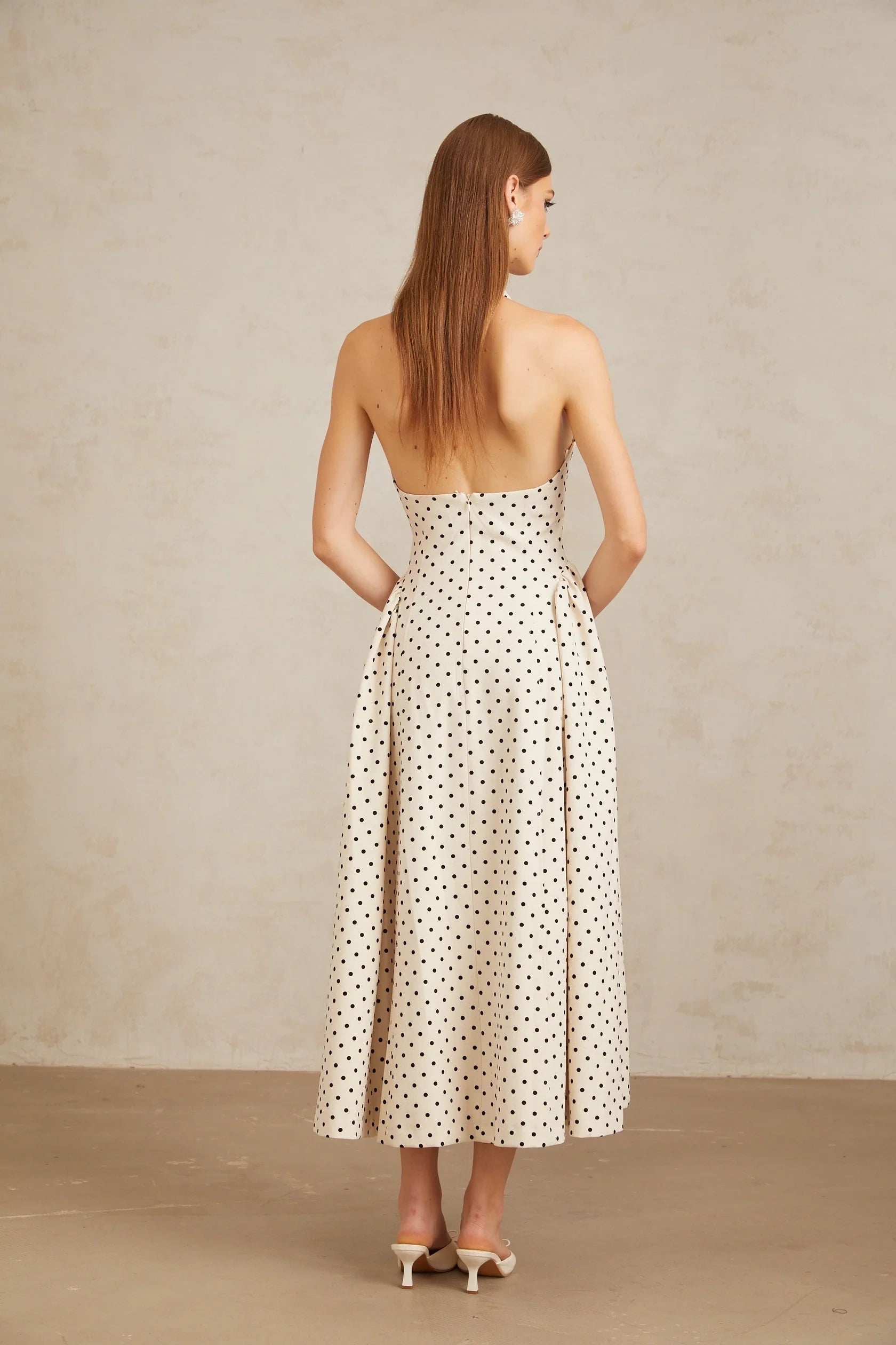 Beige Polka Dot Halter Neck Midi Dress White Polka Dot Midi Dress Evening Dress