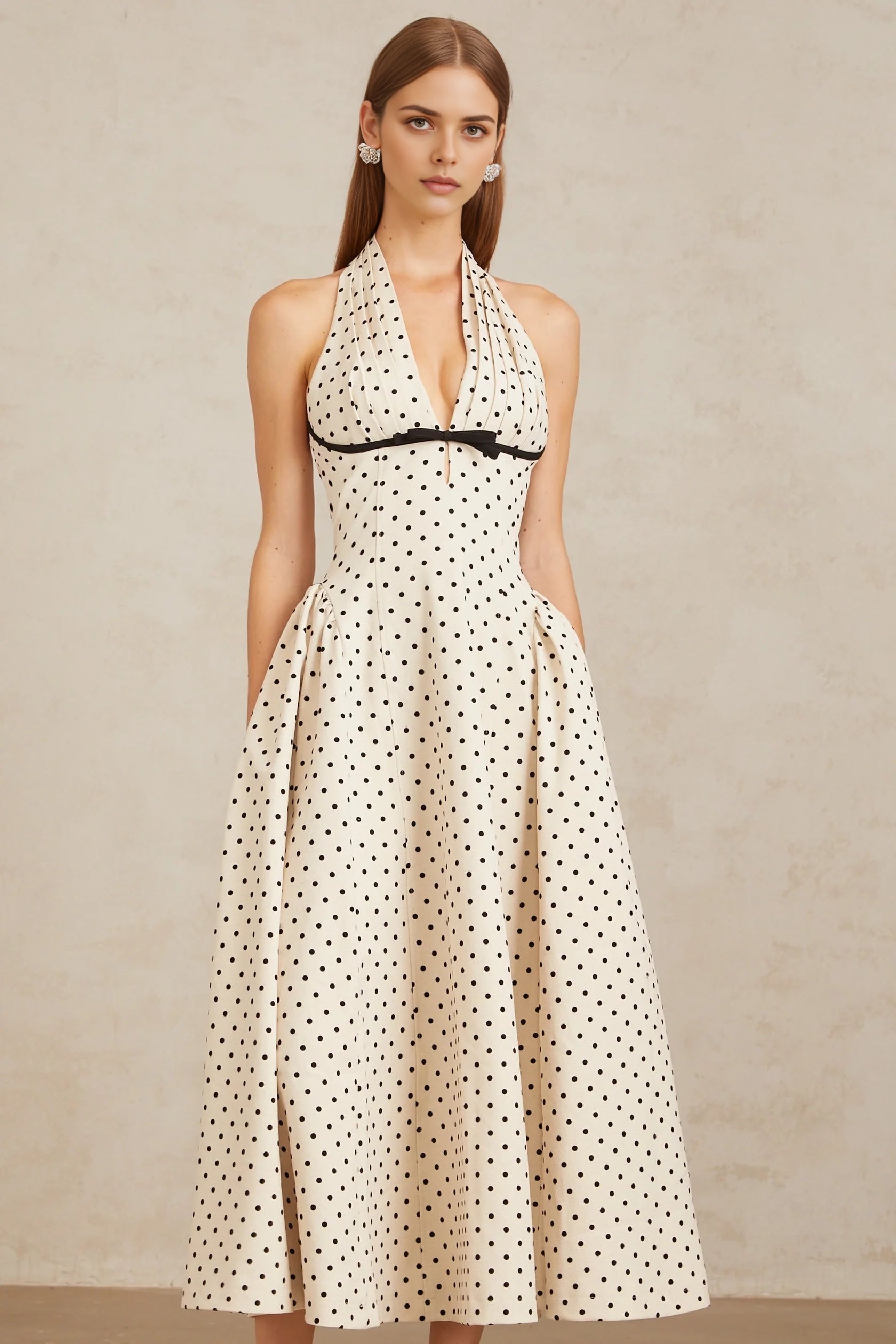 Beige Polka Dot Halter Neck Midi Dress White Polka Dot Midi Dress Evening Dress