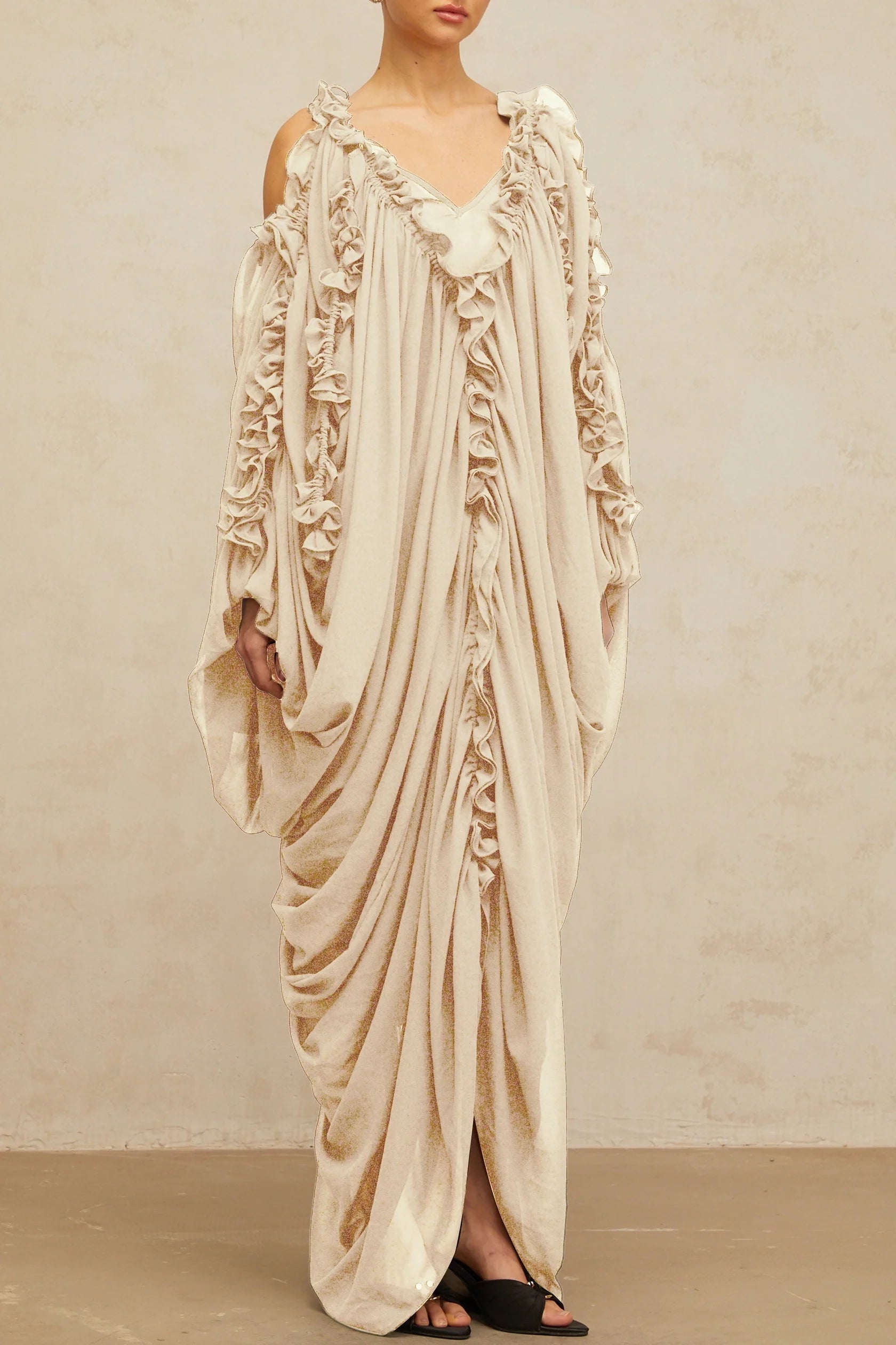 Beige Ruffled Off - Shoulder Draped Maxi Dress ruffled-trim tulle maxi dress Evening Dress