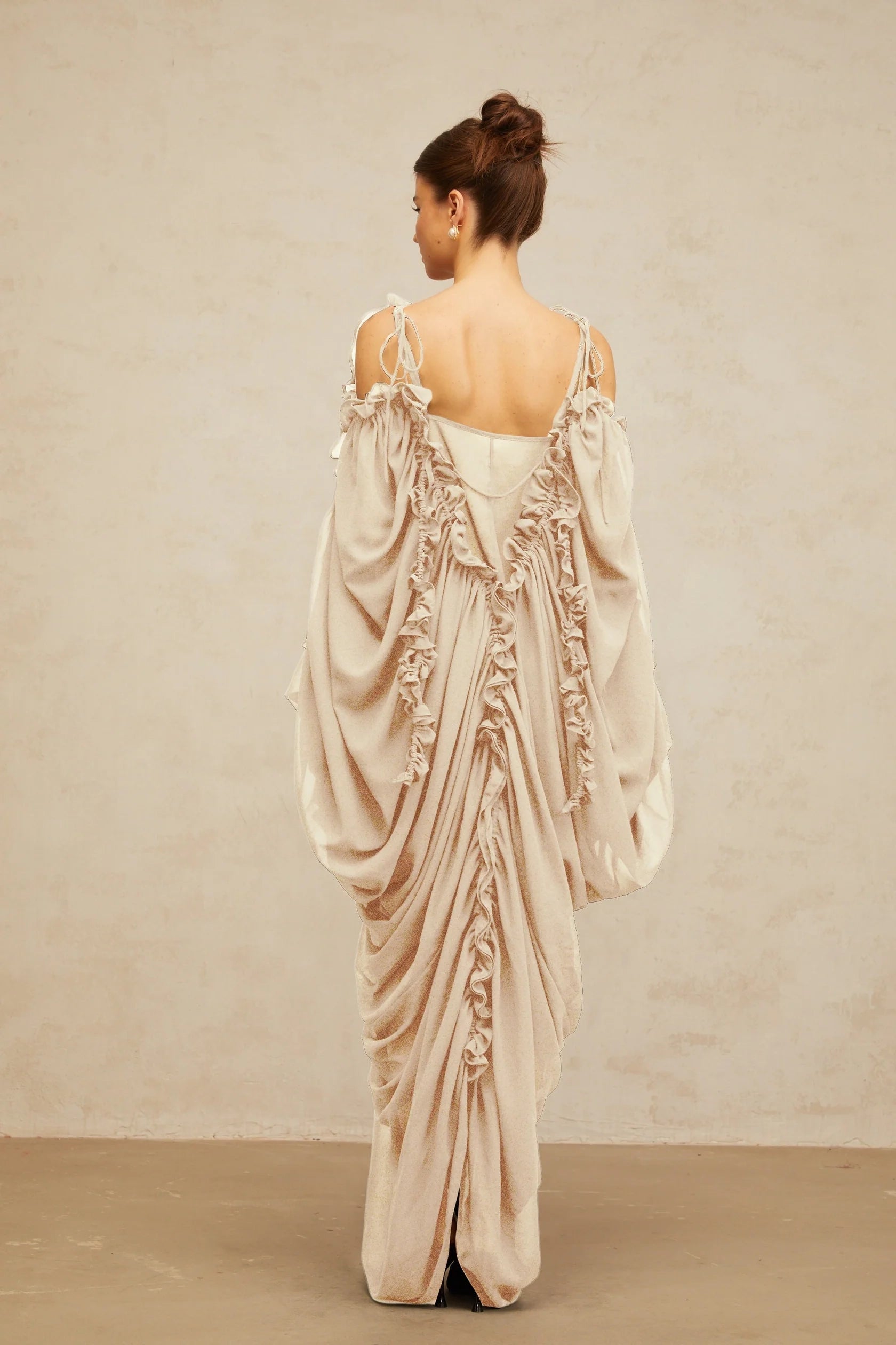 Beige Ruffled Off - Shoulder Draped Maxi Dress ruffled-trim tulle maxi dress Evening Dress