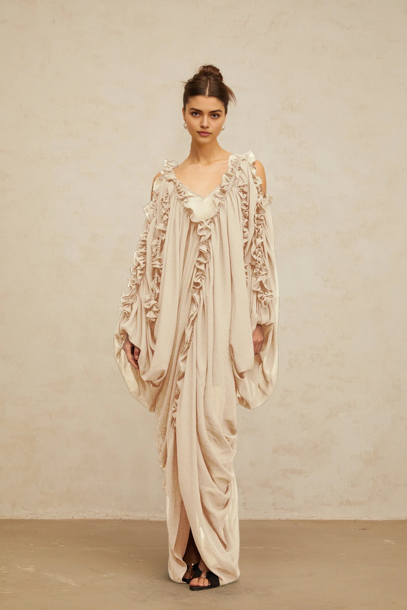 Beige Ruffled Off - Shoulder Draped Maxi Dress ruffled-trim tulle maxi dress Evening Dress