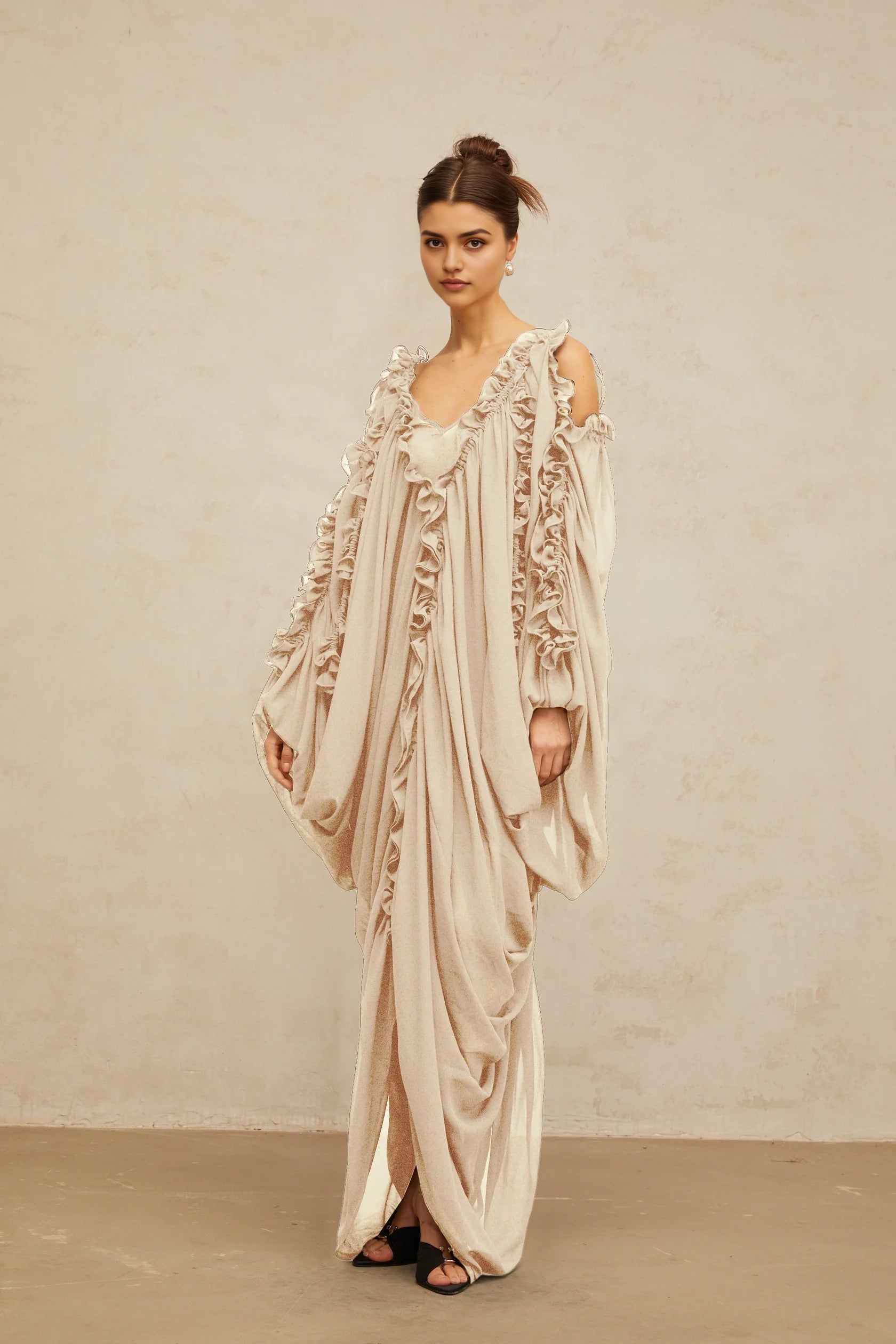 Beige Ruffled Off - Shoulder Draped Maxi Dress ruffled-trim tulle maxi dress Evening Dress