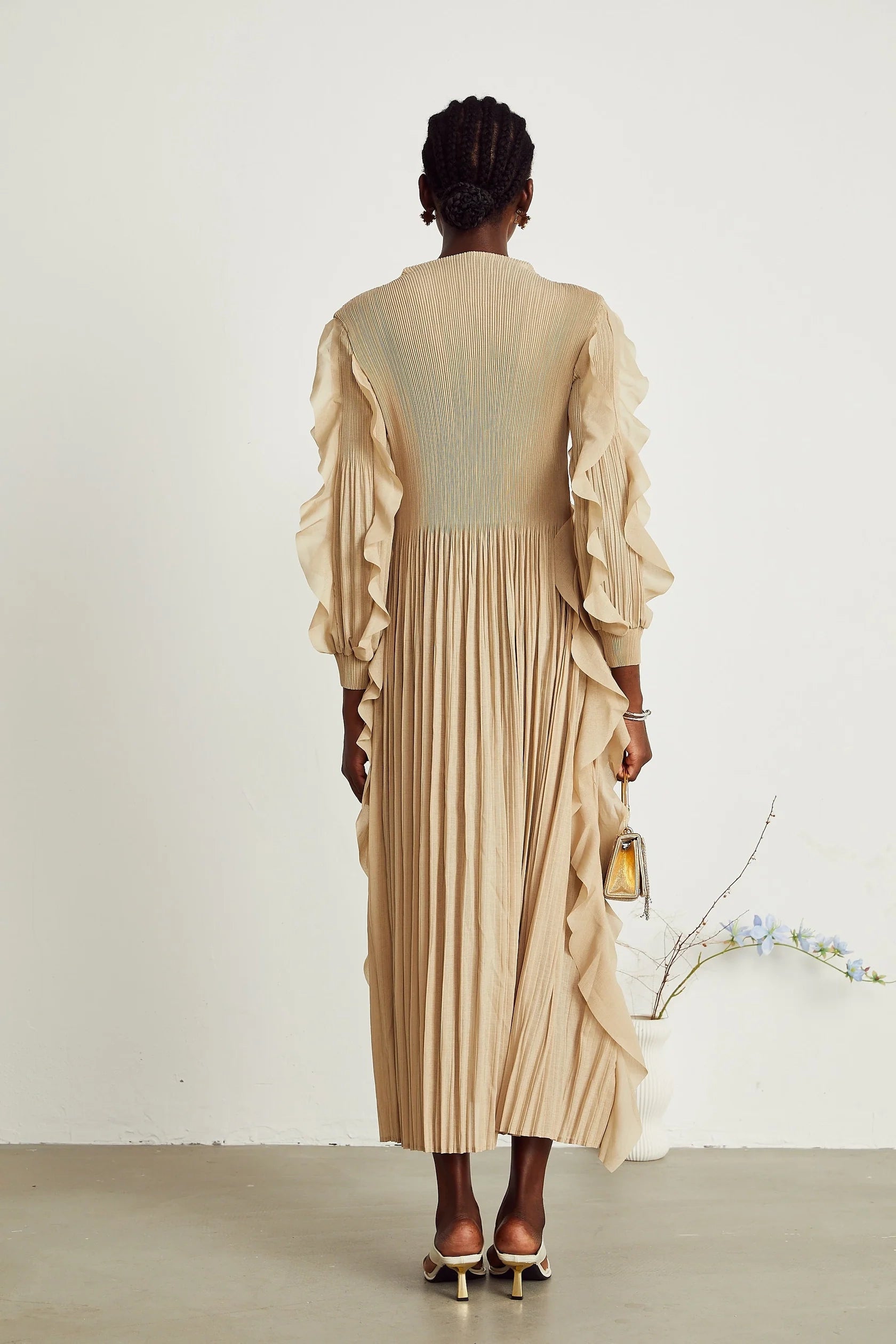 Beige Ruffled Pleated Maxi Dress ruffled-trim pleated maxi dress Evening Dress