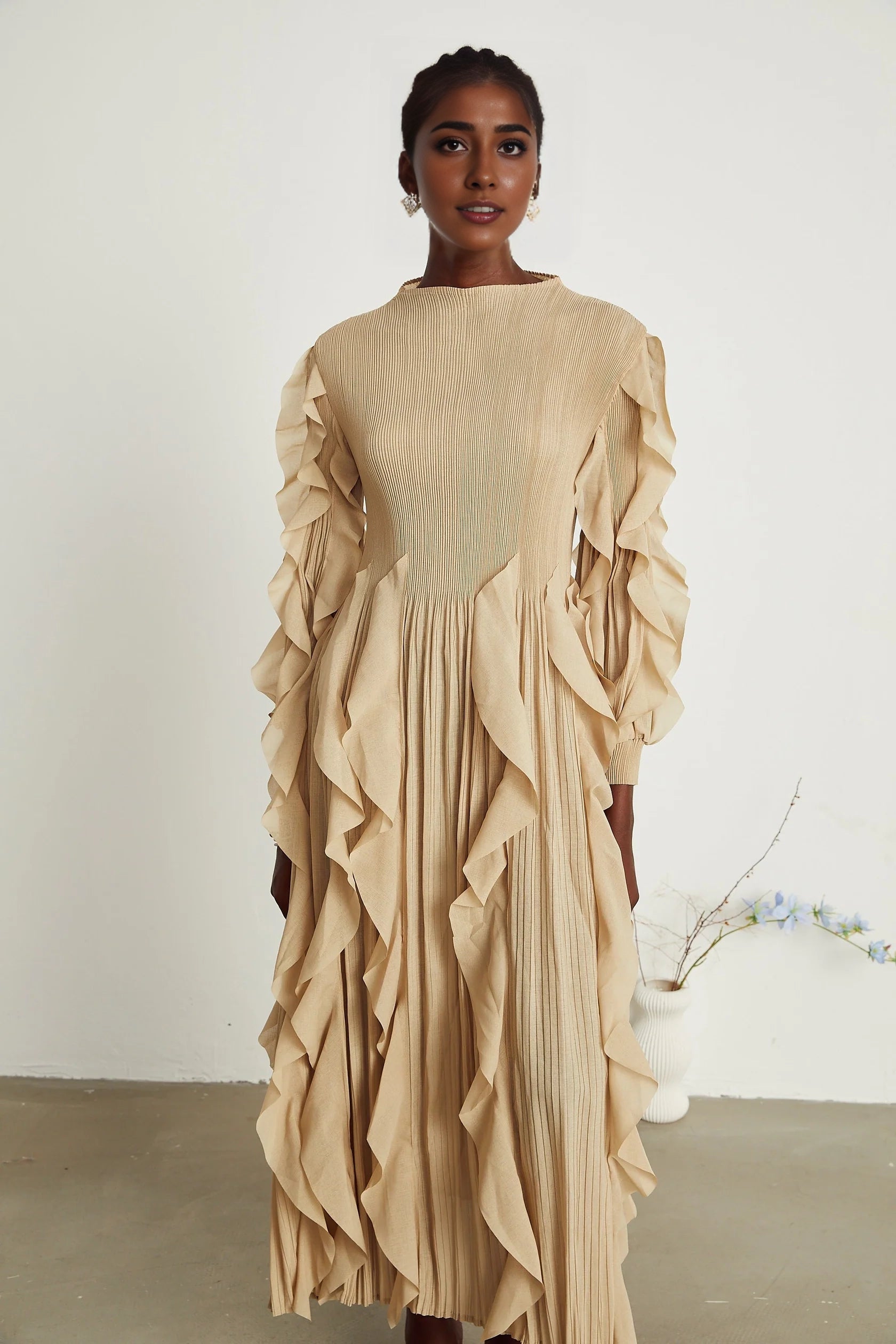 Beige Ruffled Pleated Maxi Dress ruffled-trim pleated maxi dress Evening Dress