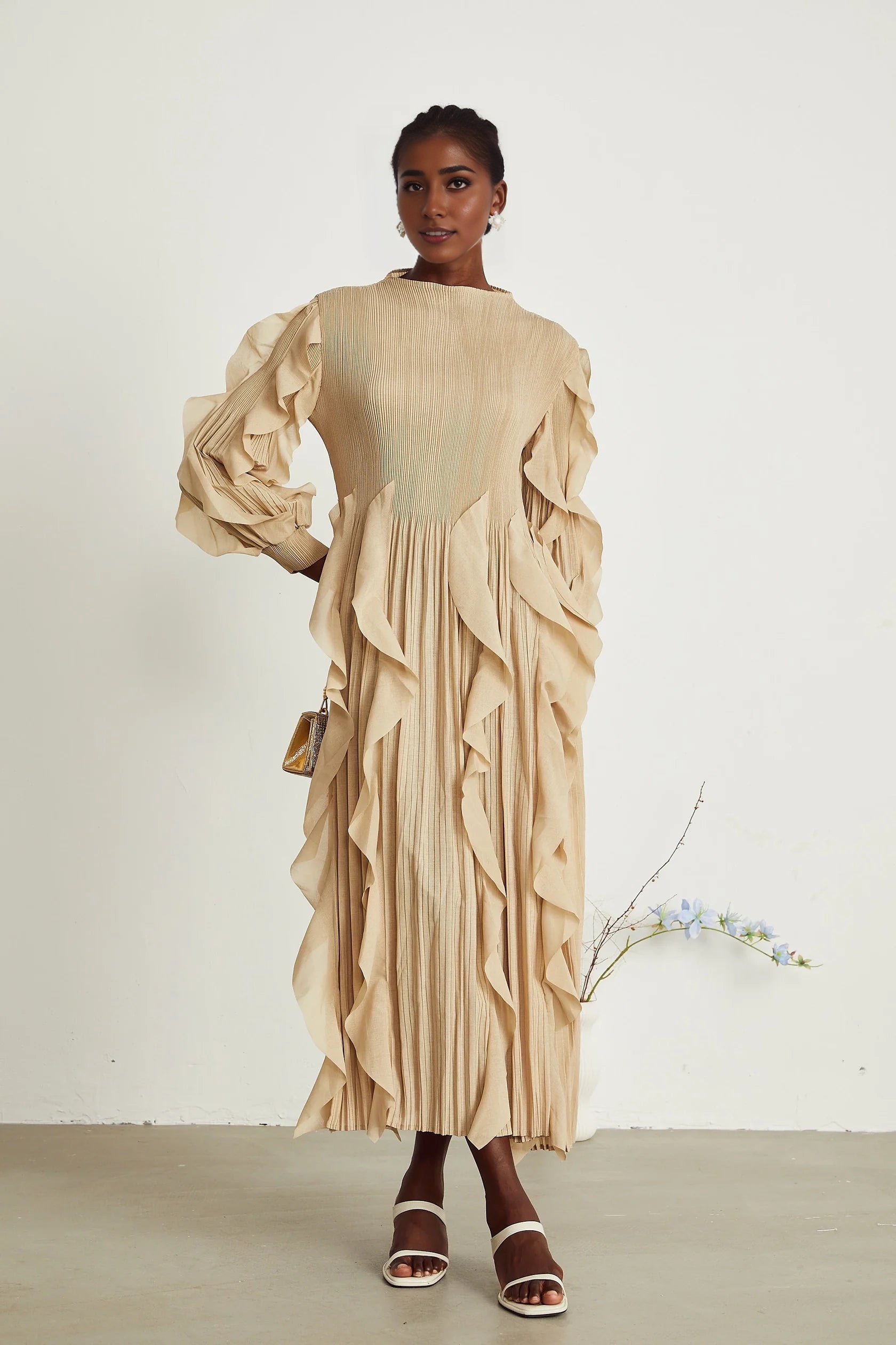 Beige Ruffled Pleated Maxi Dress ruffled-trim pleated maxi dress Evening Dress