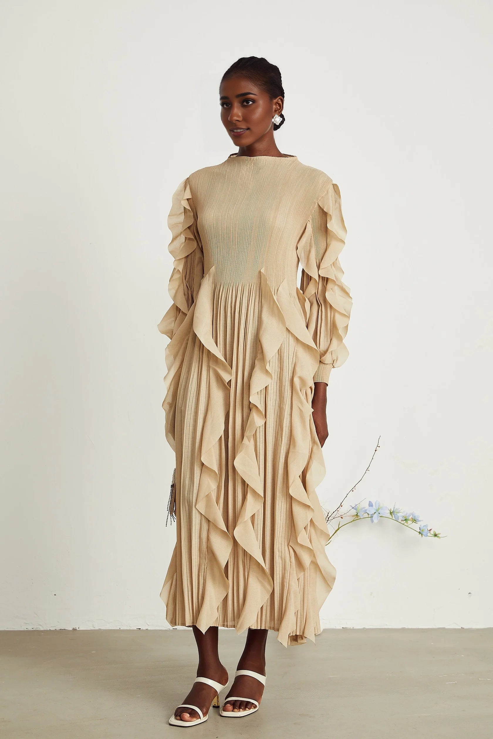 Beige Ruffled Pleated Maxi Dress ruffled-trim pleated maxi dress Evening Dress