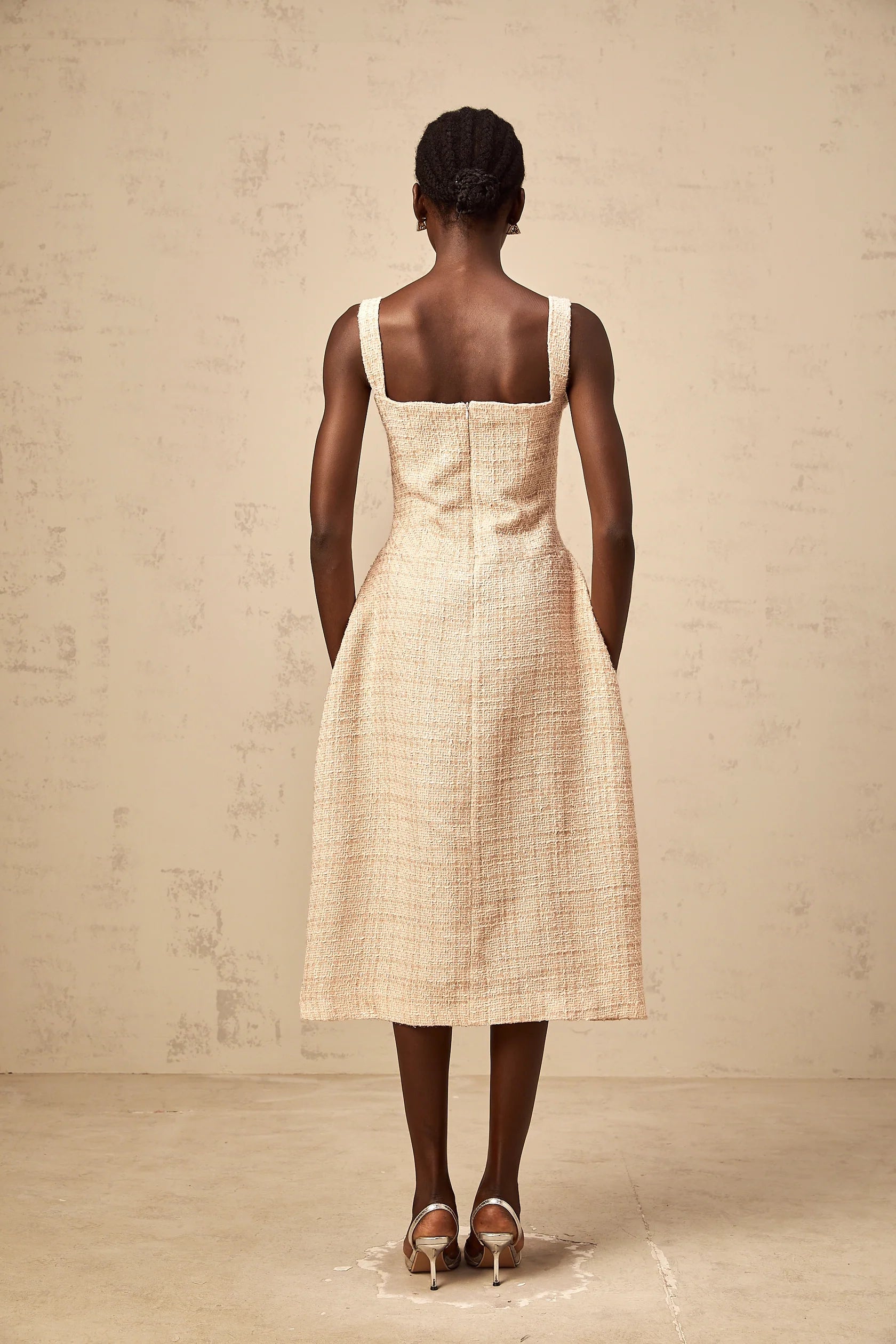 Beige Tweed Embroidered Midi Dress neutrals interwoven embroidered mini dress Evening Dress