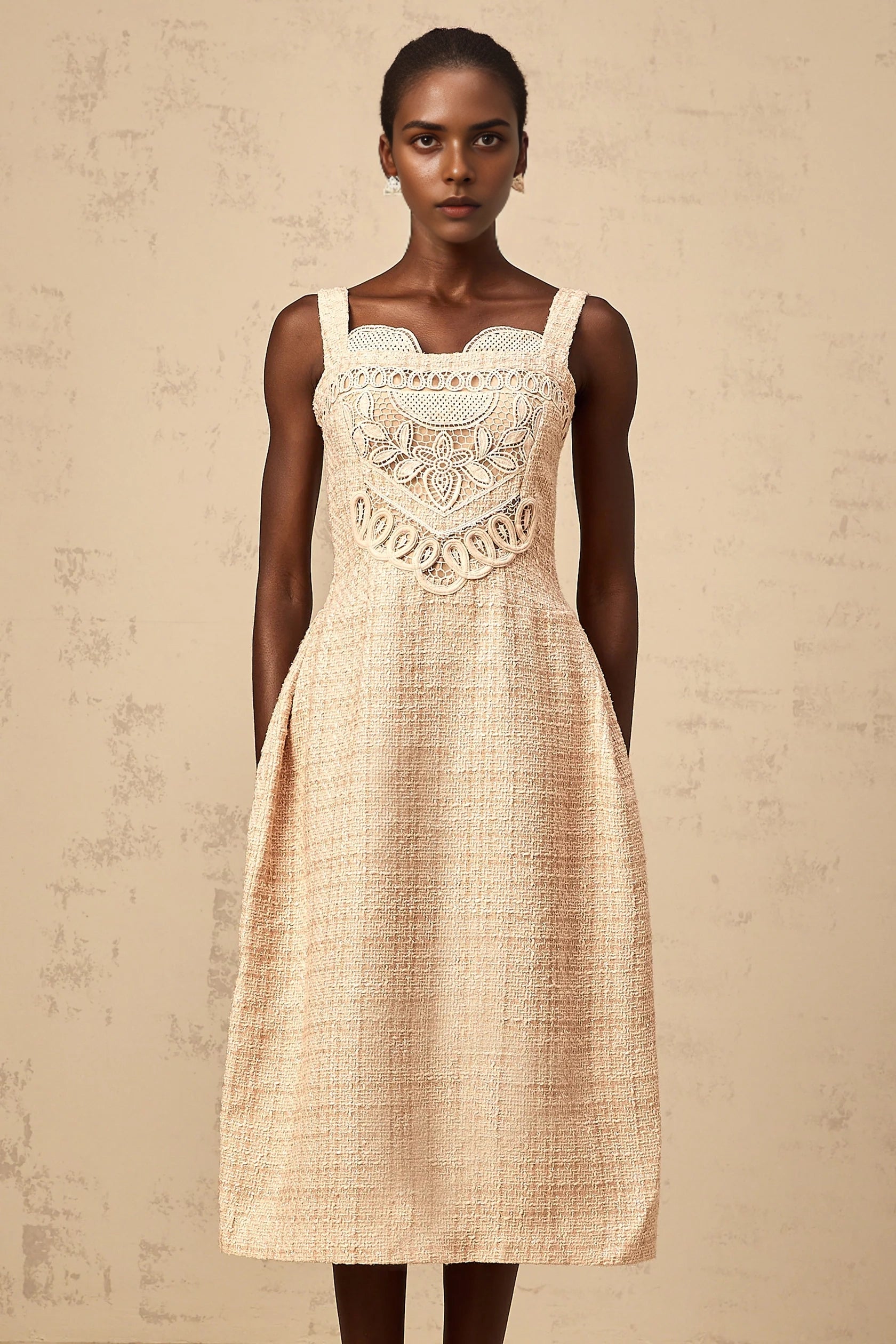 Beige Tweed Embroidered Midi Dress neutrals interwoven embroidered mini dress Evening Dress