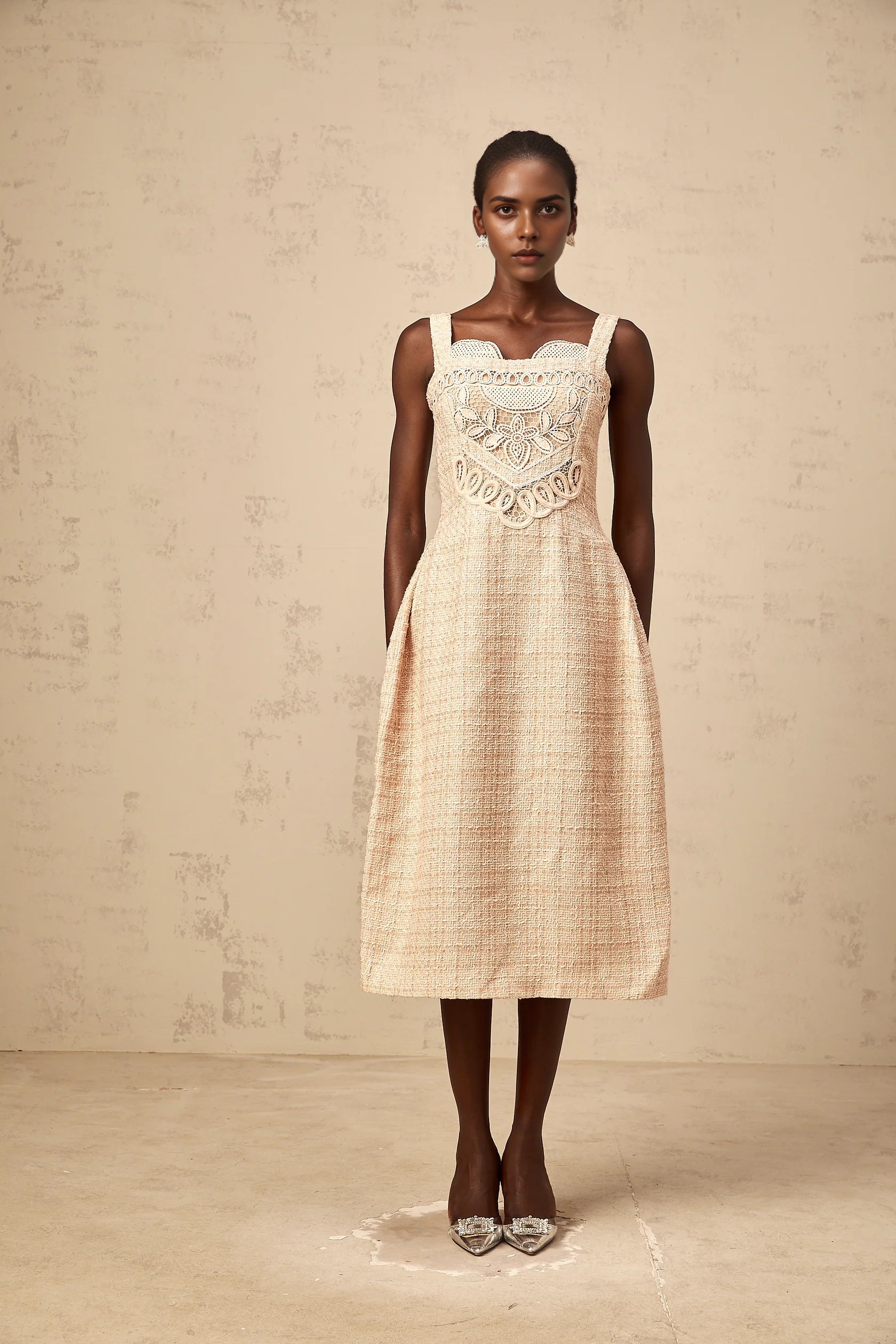 Beige Tweed Embroidered Midi Dress neutrals interwoven embroidered mini dress Evening Dress