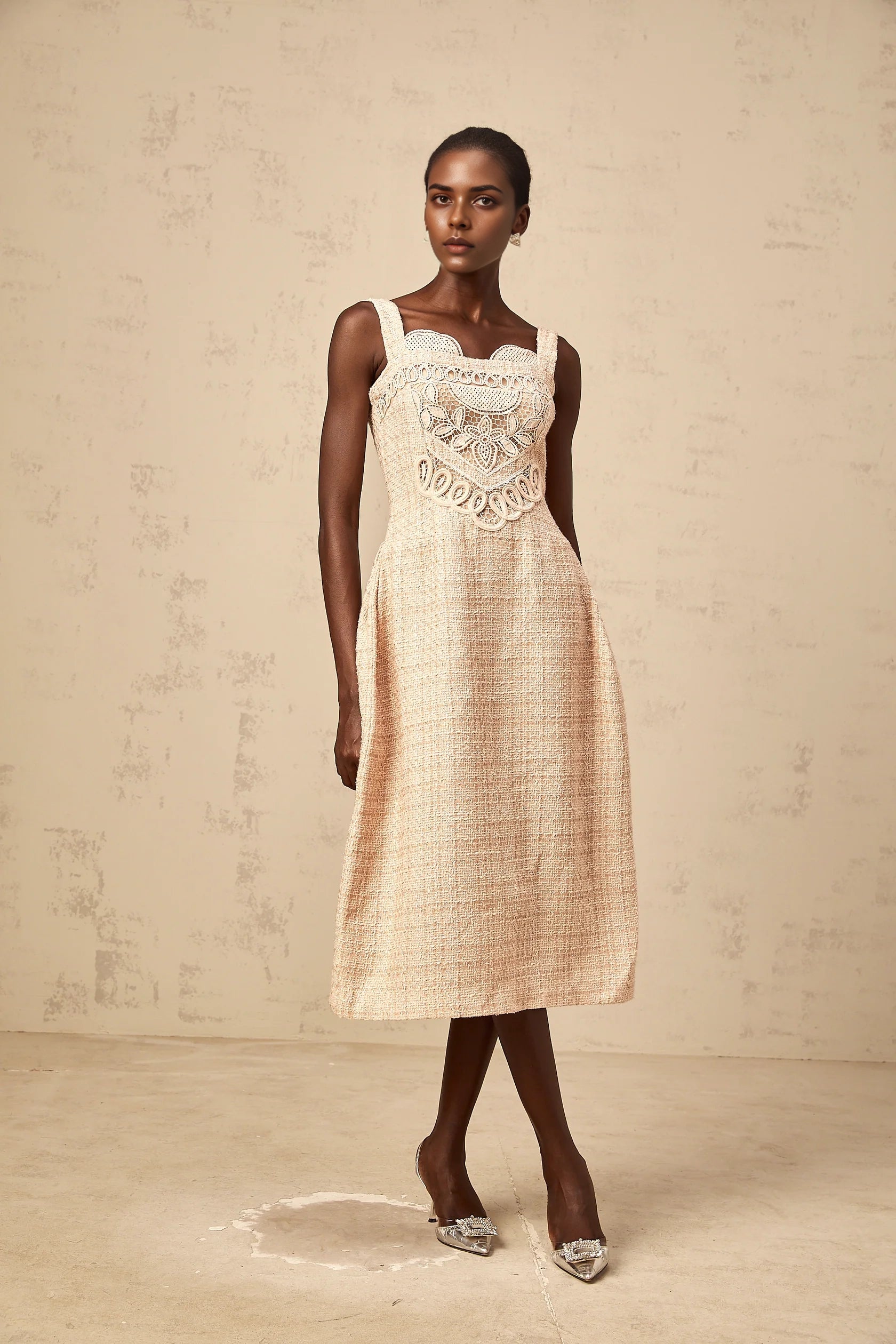 Beige Tweed Embroidered Midi Dress neutrals interwoven embroidered mini dress Evening Dress