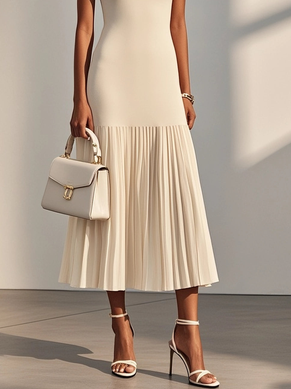 Beige Pleated Knit Crew Neck Sleeveless A-Line Midi Jersey Dress simple gentle atmospheric and unique desi Bring summer colors to enhance whiteness