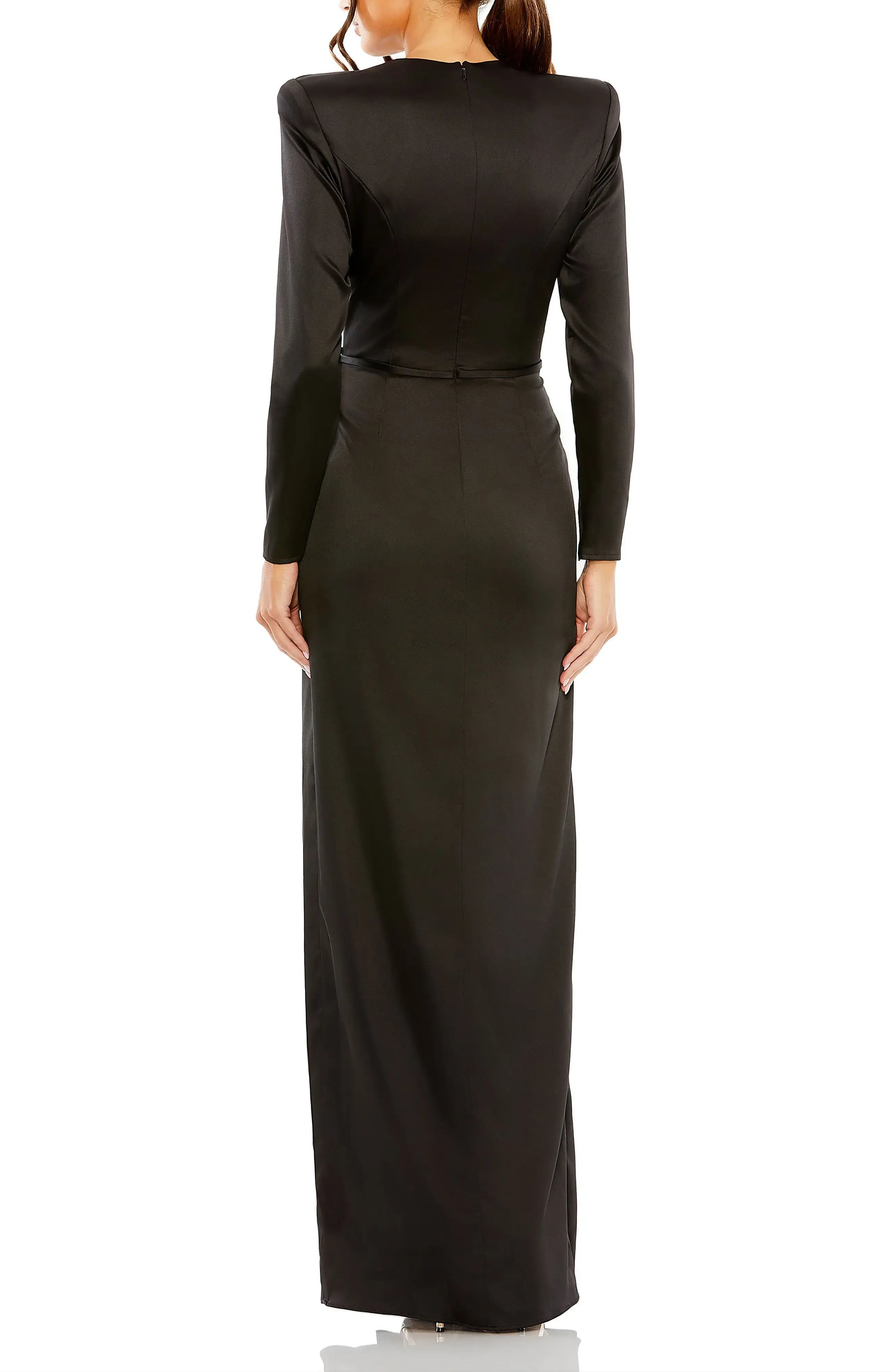 Belted Bow Sheath Crew Neck Long Sleeve Zipper Back Floor Length For Ladies Evening Dress