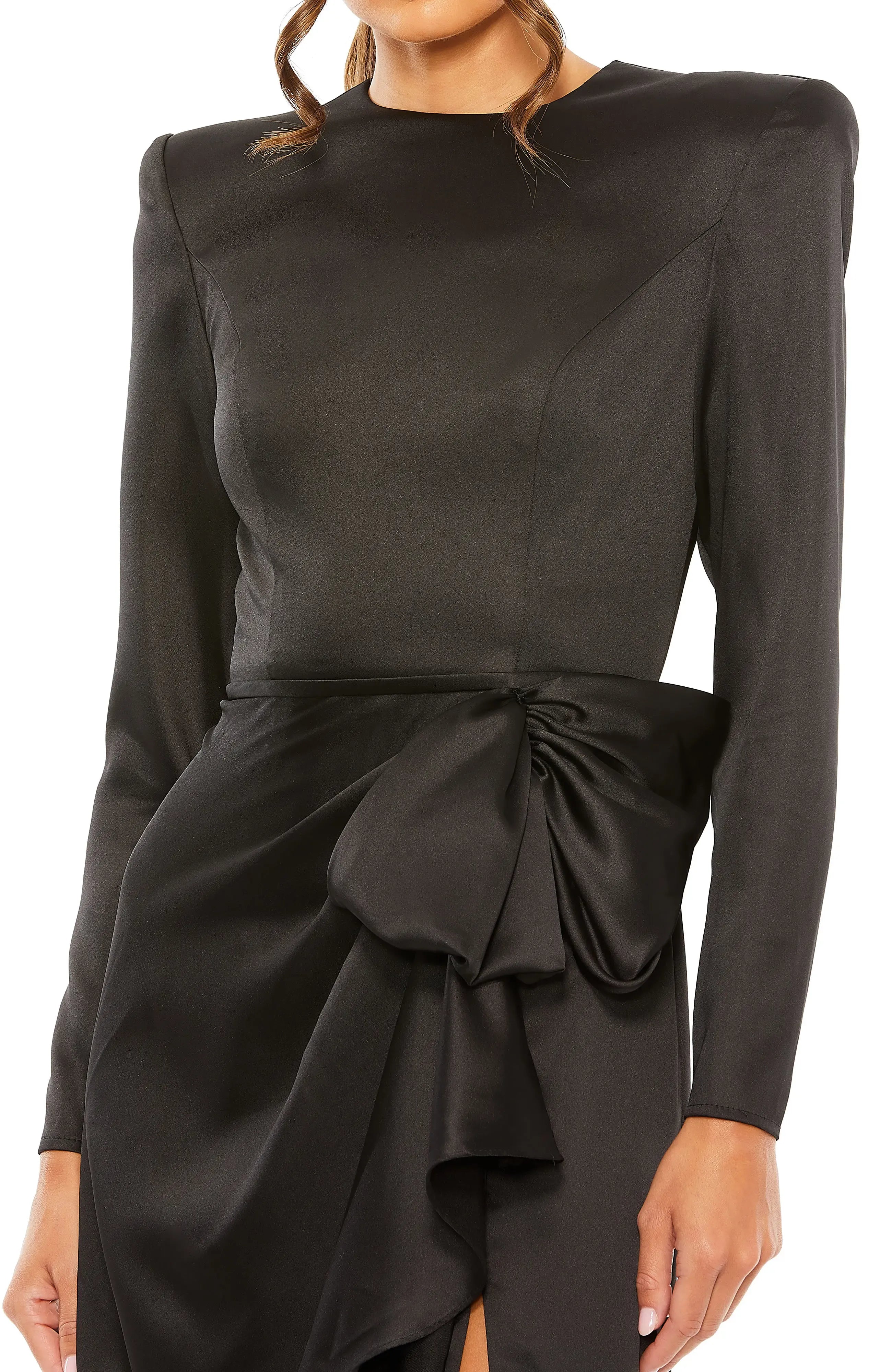 Belted Bow Sheath Crew Neck Long Sleeve Zipper Back Floor Length For Ladies Evening Dress