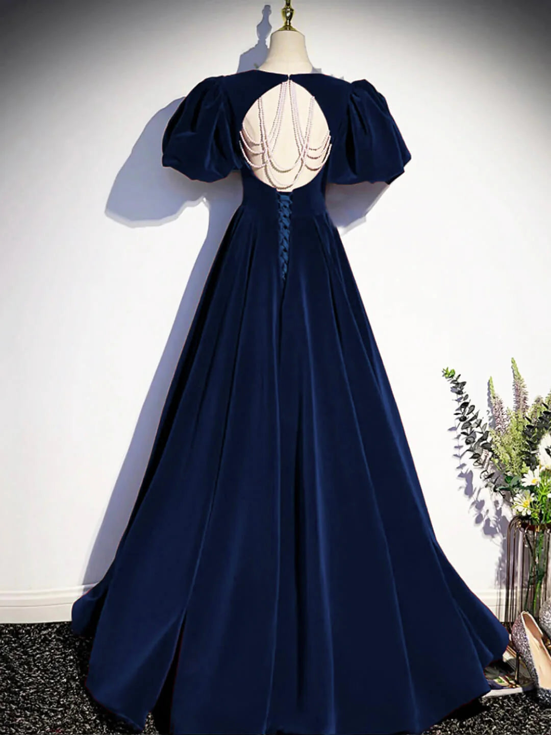 Best Navy Blue Velvet Prom Gown Short Sleeves Birthday Party Dresses simple gentle atmospheric and unique desi Bring summer colors to enhance whiteness