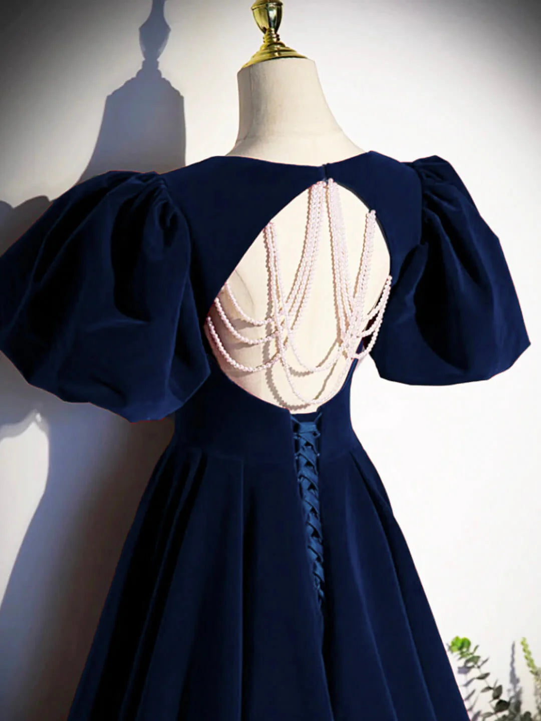 Best Navy Blue Velvet Prom Gown Short Sleeves Birthday Party Dresses simple gentle atmospheric and unique desi Bring summer colors to enhance whiteness