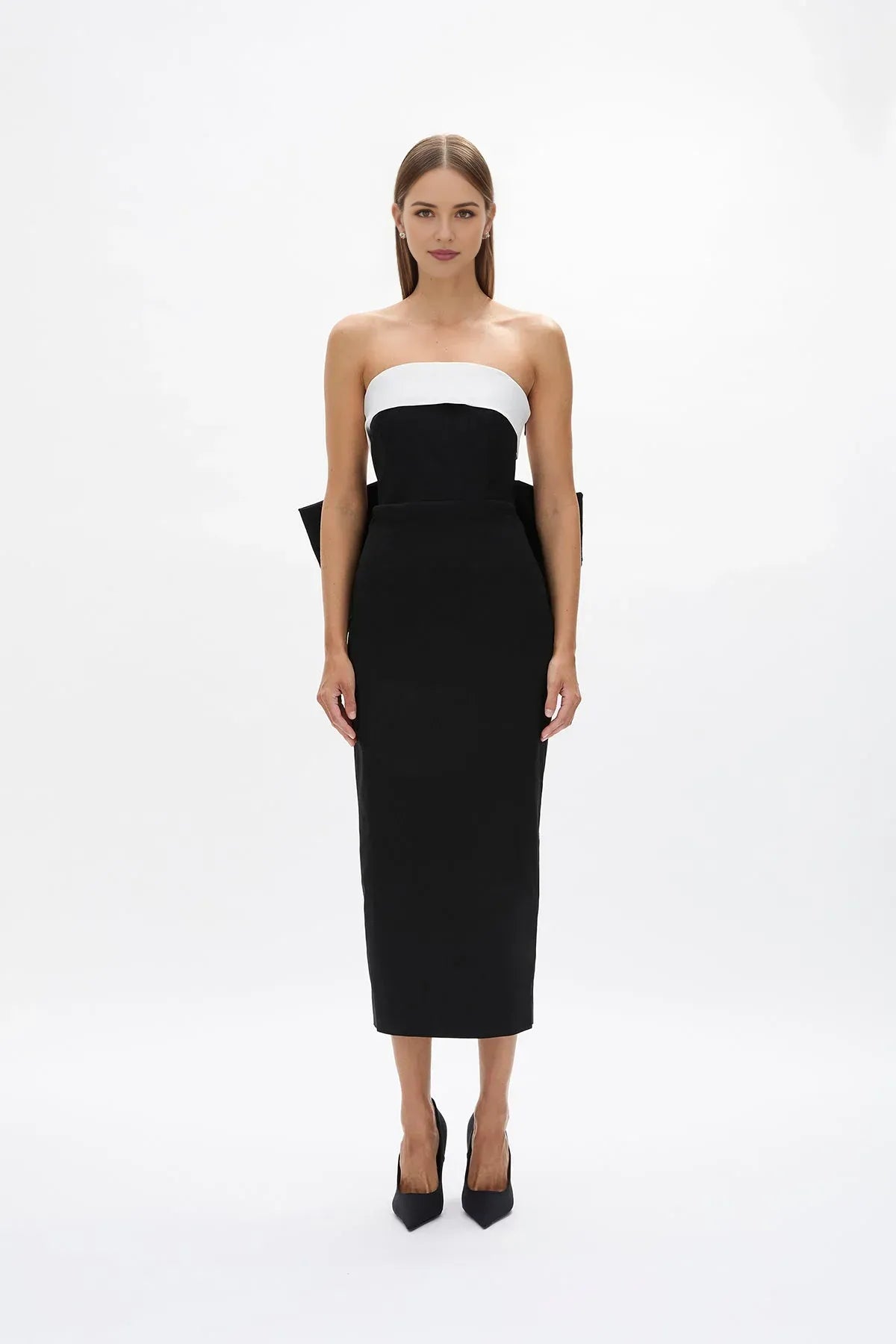 Bi Toned Sheath Strapless Sleeveless Bow Back Midi Length For Ladies Prom Dress