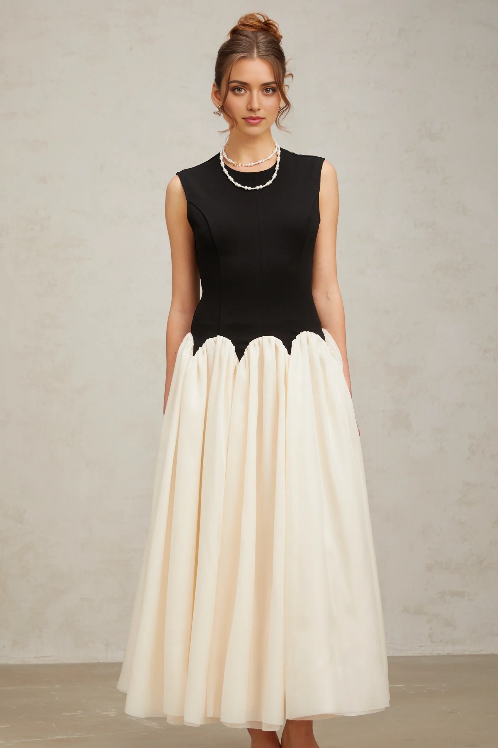 Black And Cream Contrast Midi Dresss color-blocked puff maxi dress  Evening Dress