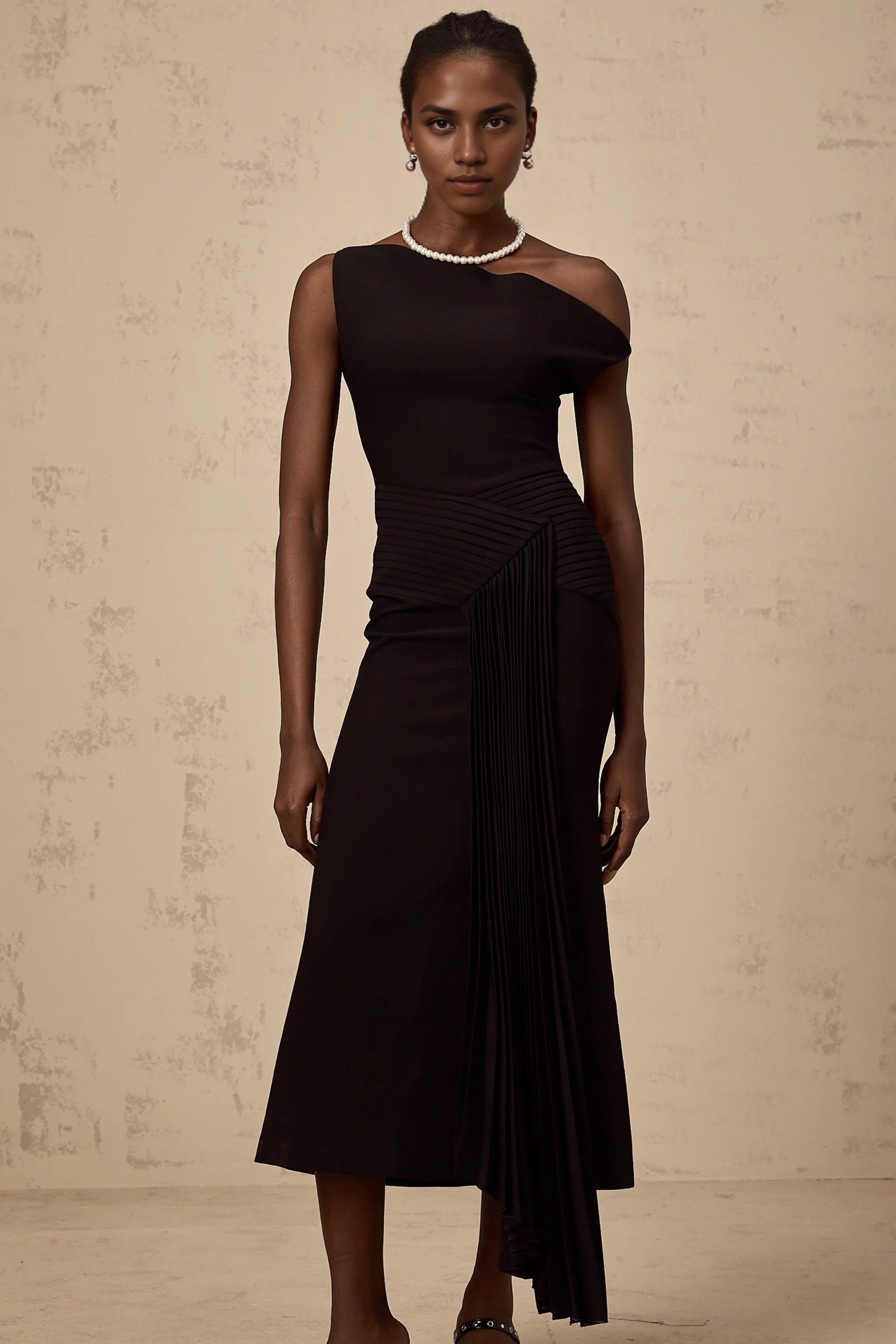 Black Asymmetric Neck Pleated Midi Dress asymmetrical draped midi dress in Black Evening Dress
