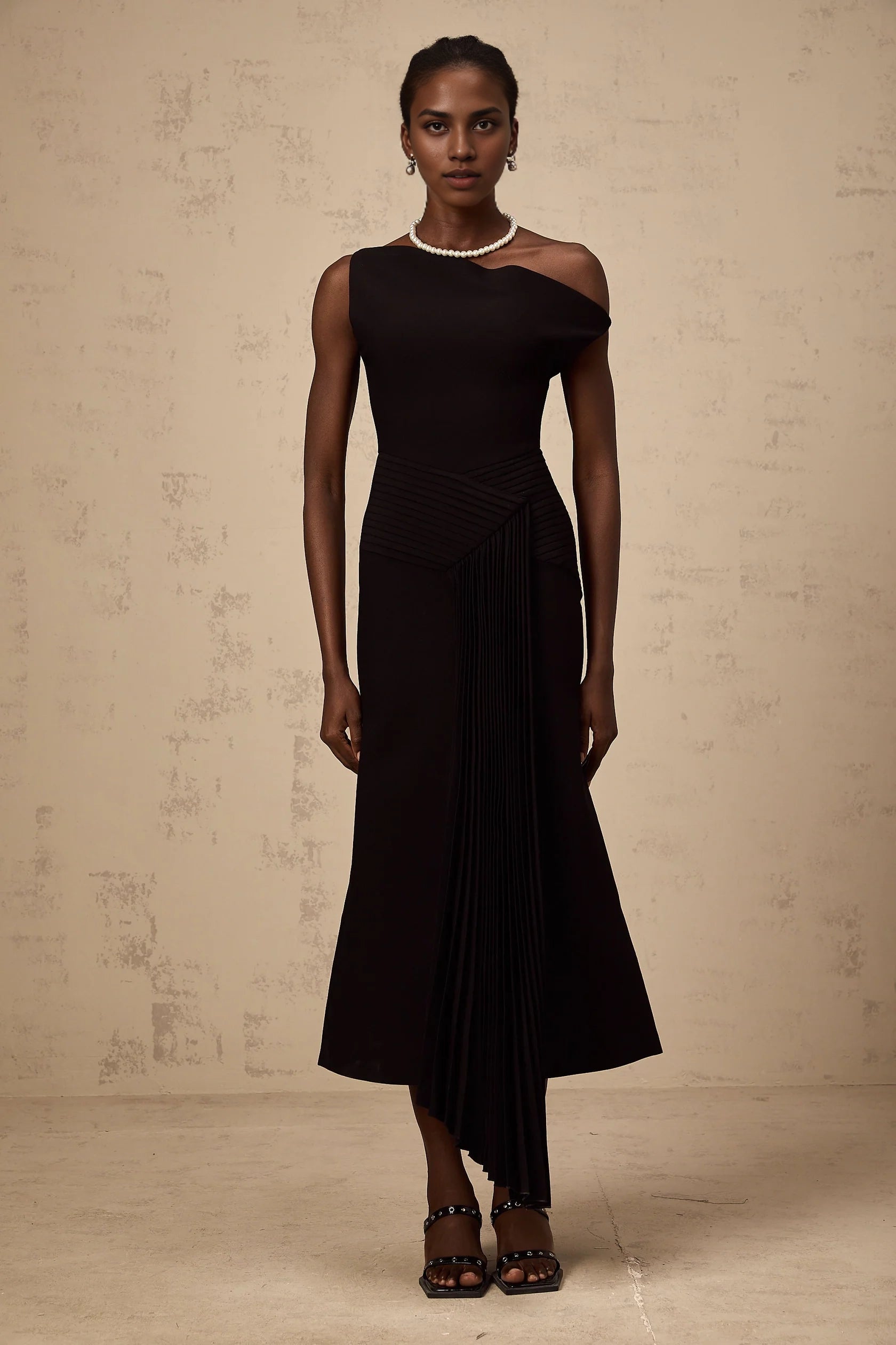 Black Asymmetric Neck Pleated Midi Dress asymmetrical draped midi dress in Black Evening Dress