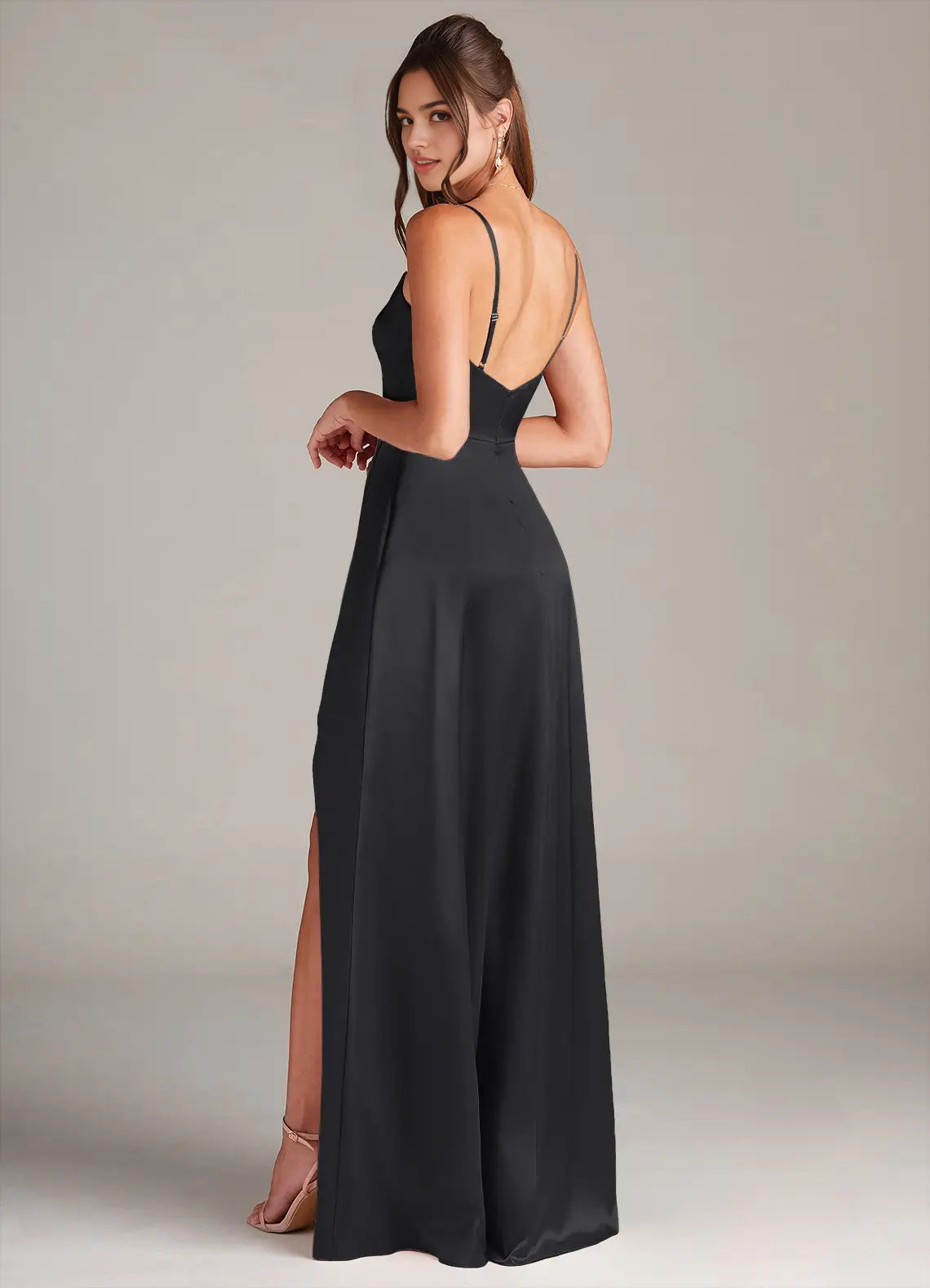 Black Cowl Neck Satin Maxi Dress with Side Slit A-Line Pleated Stretch Satin Dress Bridesmaid Dresses