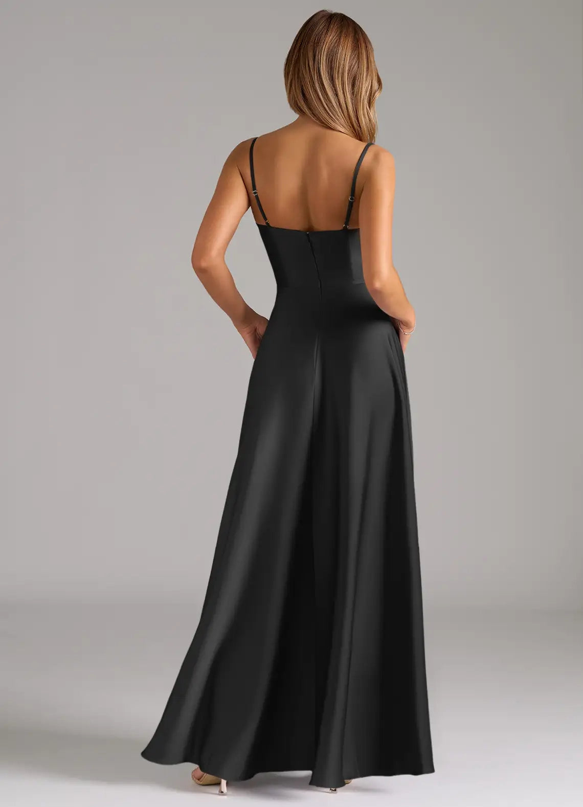 Black Cowl Neck Spaghetti Strap Maxi Dress A-Line Pleated Stretch Satin Dress Bridesmaid Dresses