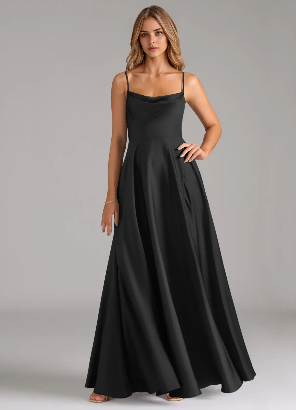Black Cowl Neck Spaghetti Strap Maxi Dress A-Line Pleated Stretch Satin Dress Bridesmaid Dresses