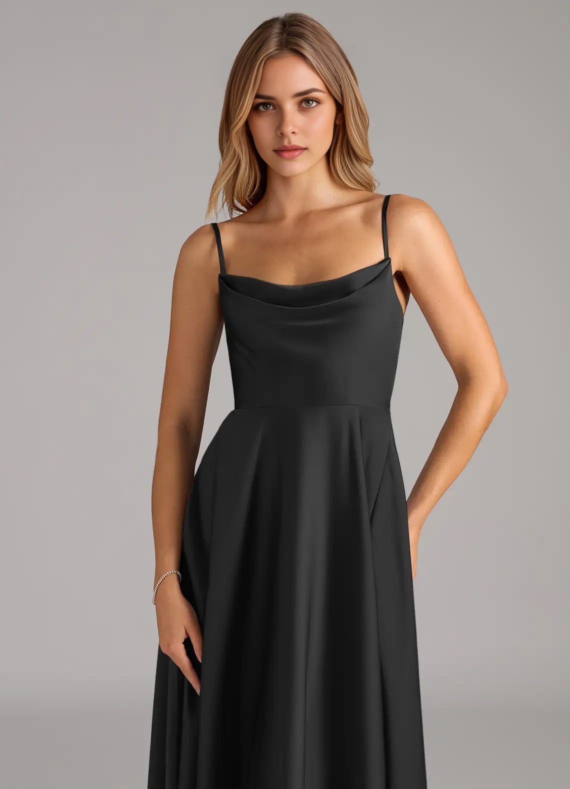 Black Cowl Neck Spaghetti Strap Maxi Dress A-Line Pleated Stretch Satin Dress Bridesmaid Dresses
