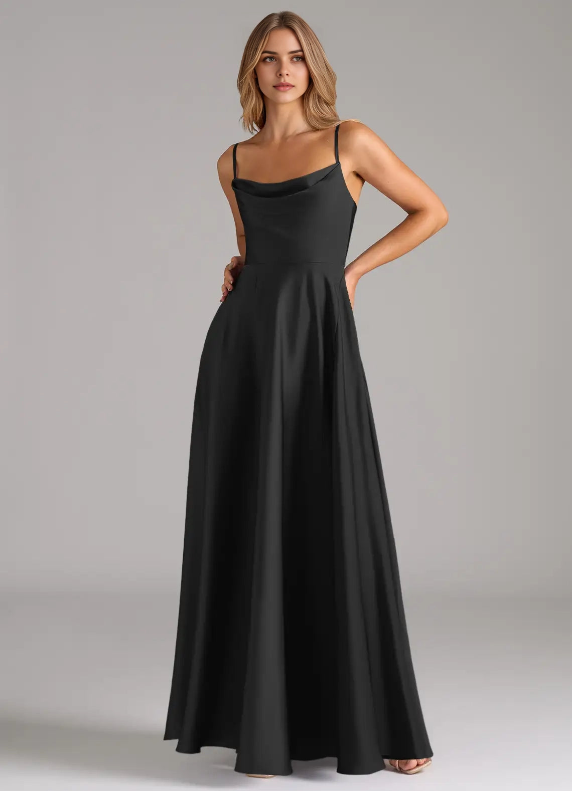 Black Cowl Neck Spaghetti Strap Maxi Dress A-Line Pleated Stretch Satin Dress Bridesmaid Dresses