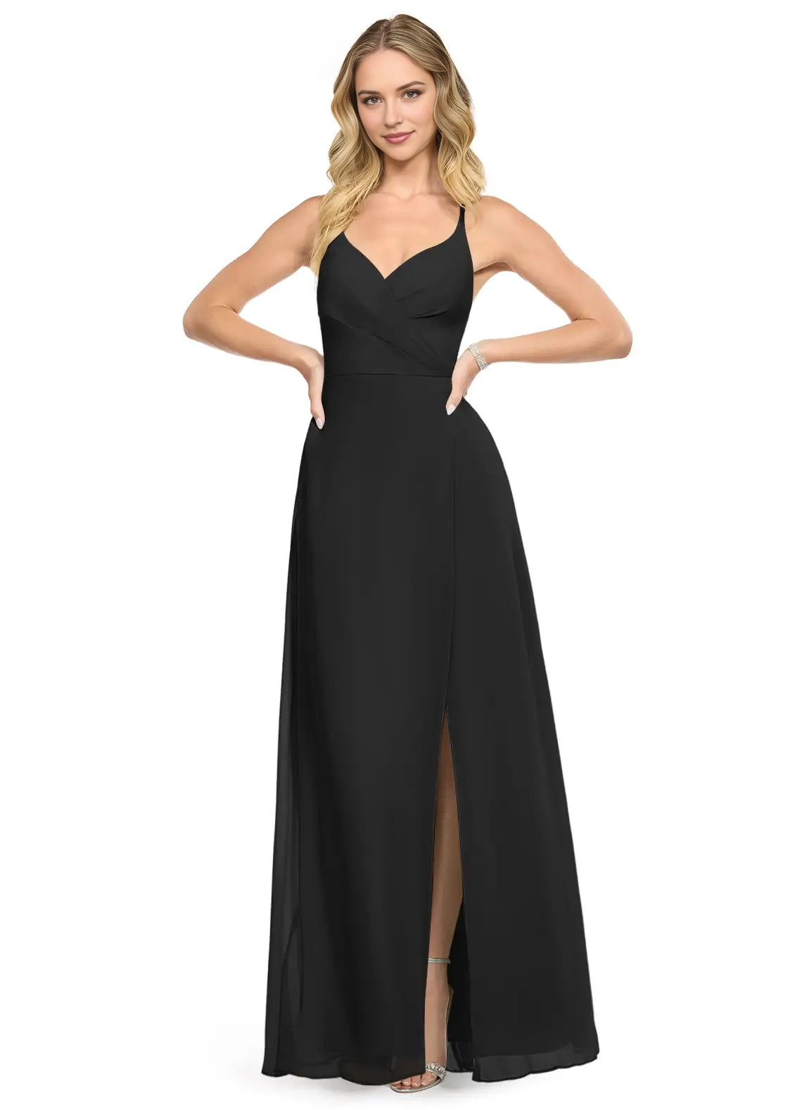 Black Criss - Cross Back Maxi Dress with Side Slit Black A-Line V-Neck Chiffon Dress Bridesmaid Dresses