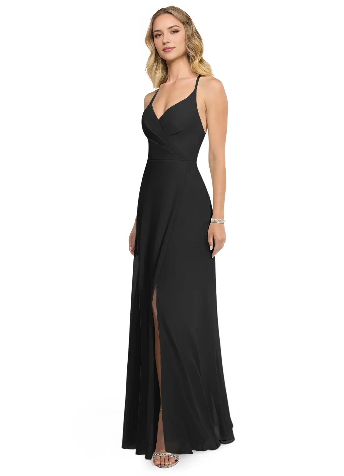 Black Criss - Cross Back Maxi Dress with Side Slit Black A-Line V-Neck Chiffon Dress Bridesmaid Dresses