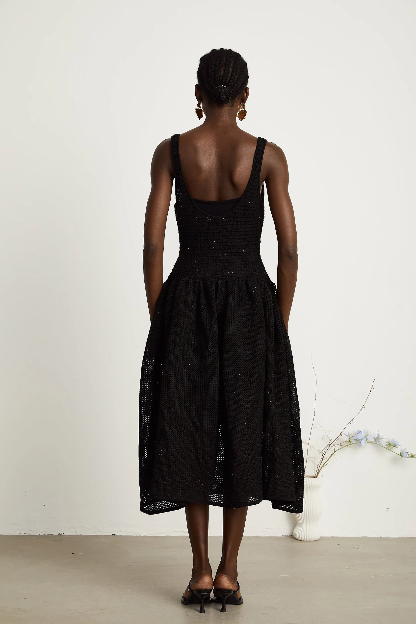 Black Crochet Sleeveless Midi Dress with Scoop Neck Clotilde black crochet-knit midi dress Evening Dress