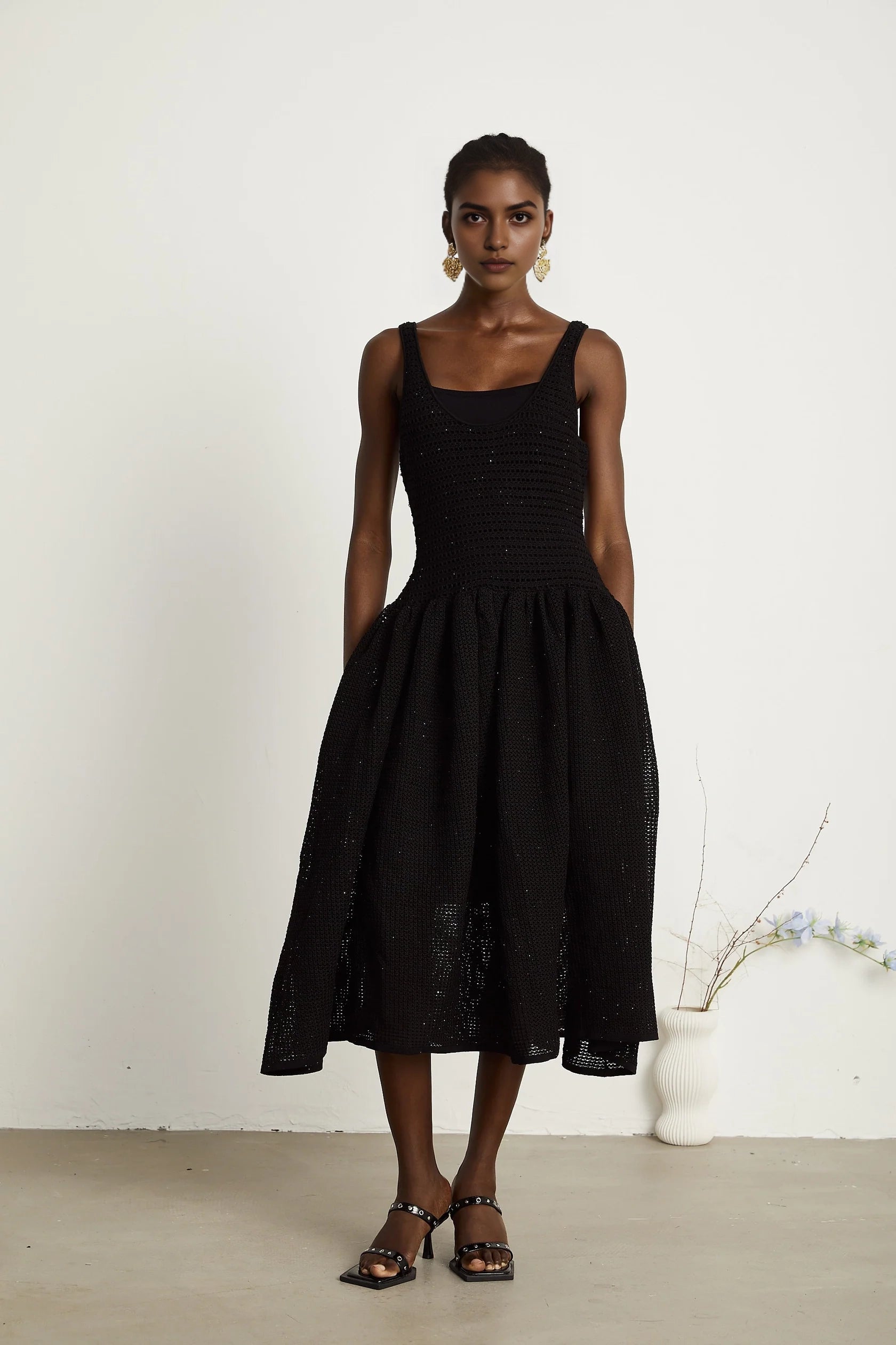 Black Crochet Sleeveless Midi Dress with Scoop Neck Clotilde black crochet-knit midi dress Evening Dress